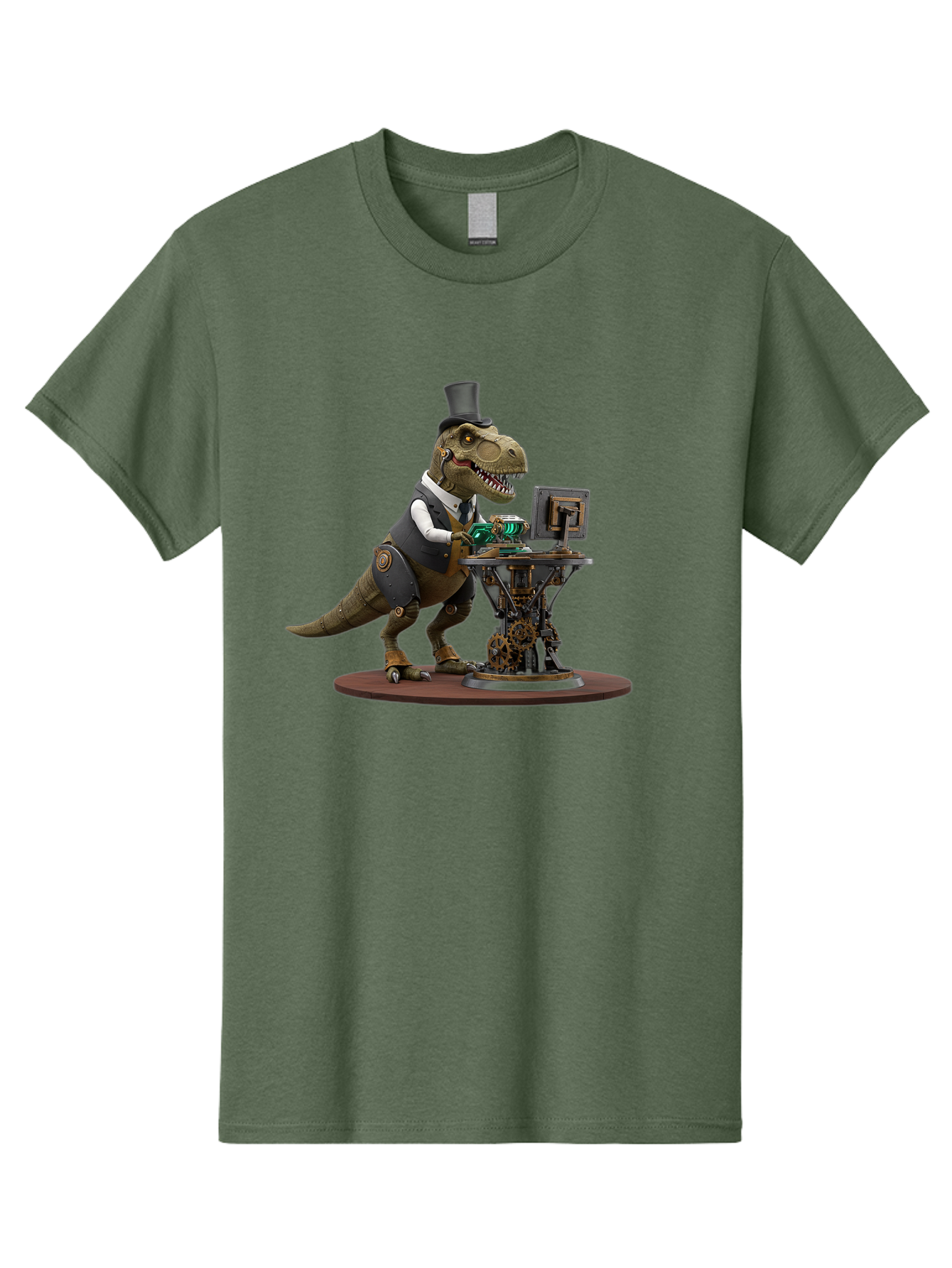 Dino-With-Top-Hat Men'S Graphic Tee, 100% Cotton, Comfortable Casual Summer Wear, Machine Washable, Robotic T-Rex, Top Hat, Steampunk, Computer, Steampunk Machinery, Metal Body, Cybernetic Dinosaur, Futuristic, Sci-Fi, Fantasy Creature, Bae437