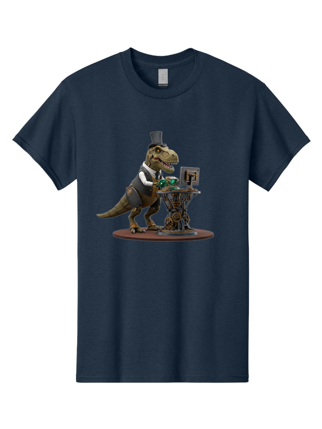 Dino-With-Top-Hat Men'S Graphic Tee, 100% Cotton, Comfortable Casual Summer Wear, Machine Washable, Robotic T-Rex, Top Hat, Steampunk, Computer, Steampunk Machinery, Metal Body, Cybernetic Dinosaur, Futuristic, Sci-Fi, Fantasy Creature, Bae437