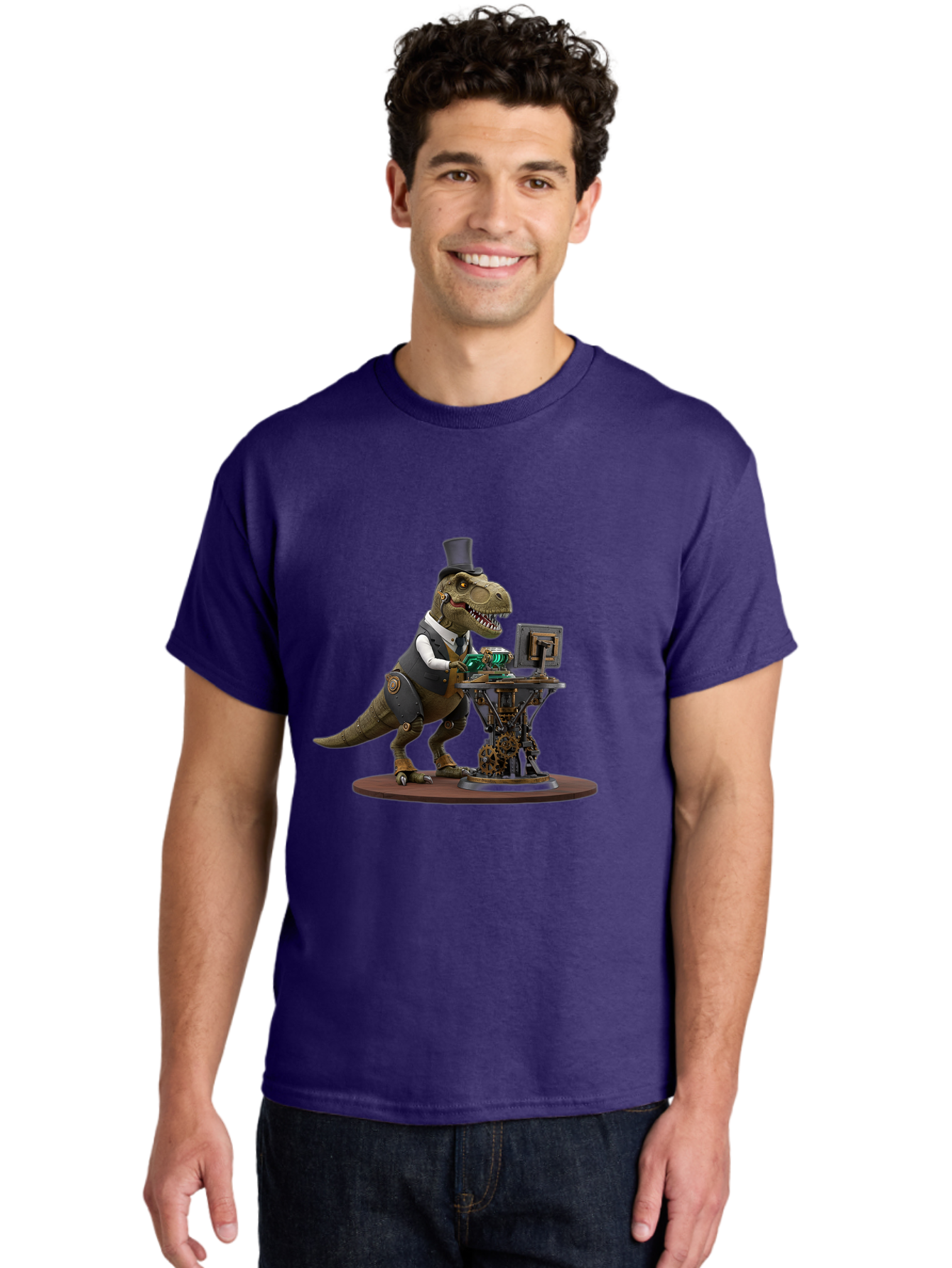 Dino-With-Top-Hat Men'S Graphic Tee, 100% Cotton, Comfortable Casual Summer Wear, Machine Washable, Robotic T-Rex, Top Hat, Steampunk, Computer, Steampunk Machinery, Metal Body, Cybernetic Dinosaur, Futuristic, Sci-Fi, Fantasy Creature, Bae437