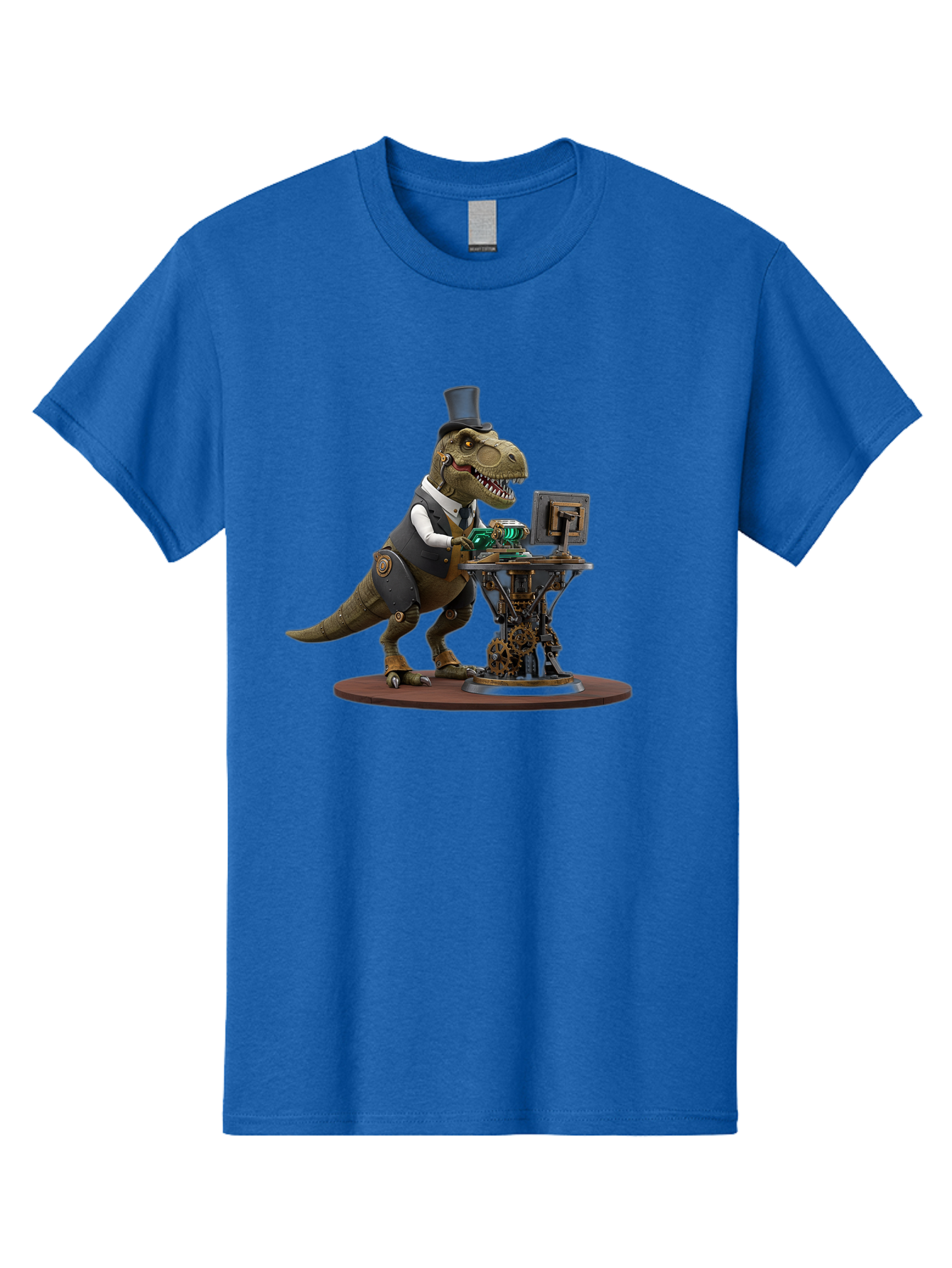 Dino-With-Top-Hat Men'S Graphic Tee, 100% Cotton, Comfortable Casual Summer Wear, Machine Washable, Robotic T-Rex, Top Hat, Steampunk, Computer, Steampunk Machinery, Metal Body, Cybernetic Dinosaur, Futuristic, Sci-Fi, Fantasy Creature, Bae437