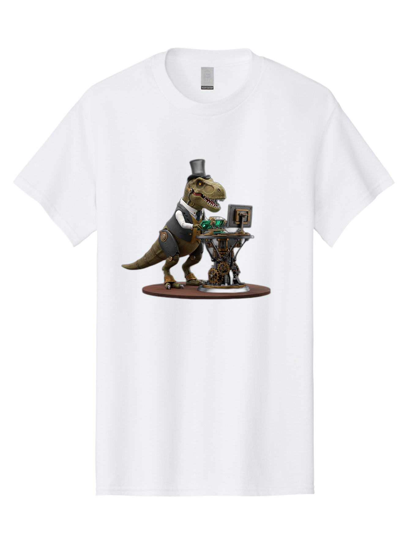 Dino-With-Top-Hat Men'S Graphic Tee, 100% Cotton, Comfortable Casual Summer Wear, Machine Washable, Robotic T-Rex, Top Hat, Steampunk, Computer, Steampunk Machinery, Metal Body, Cybernetic Dinosaur, Futuristic, Sci-Fi, Fantasy Creature, Bae437