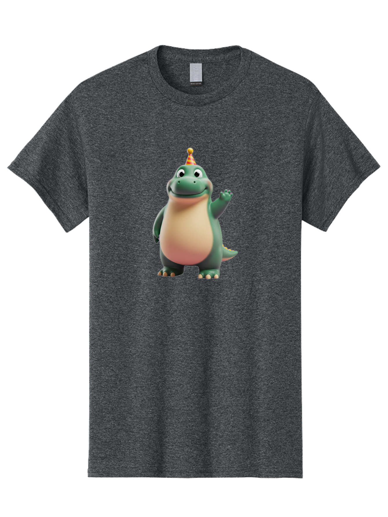 Dino Men'S Graphic Tee, 100% Cotton, Comfortable Casual Summer Wear, Machine Washable, Cartoon Dino, Party Hat, Birthday Celebration, Smiling Dino, Friendly Dinosaur, Animated Character, Kids Entertainment, Happy Dino Waving Bae438