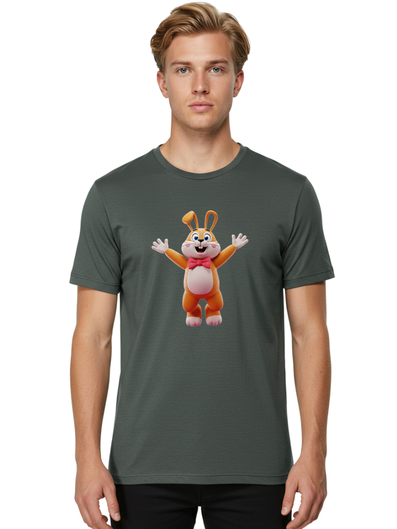 Easter-Bunny Men'S Graphic Tee, 100% Cotton, Comfortable Casual Summer Wear, Machine Washable, Cartoon Rabbit, Easter Bunny, Orange Bunny, Pink Bow Tie, White Gloves, Cute Character, 3D Illustration, Easter Theme, Spring Celebration Bae441