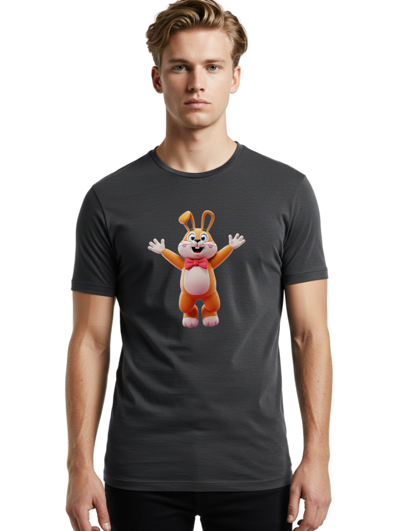 Easter-Bunny Men'S Graphic Tee, 100% Cotton, Comfortable Casual Summer Wear, Machine Washable, Cartoon Rabbit, Easter Bunny, Orange Bunny, Pink Bow Tie, White Gloves, Cute Character, 3D Illustration, Easter Theme, Spring Celebration Bae441