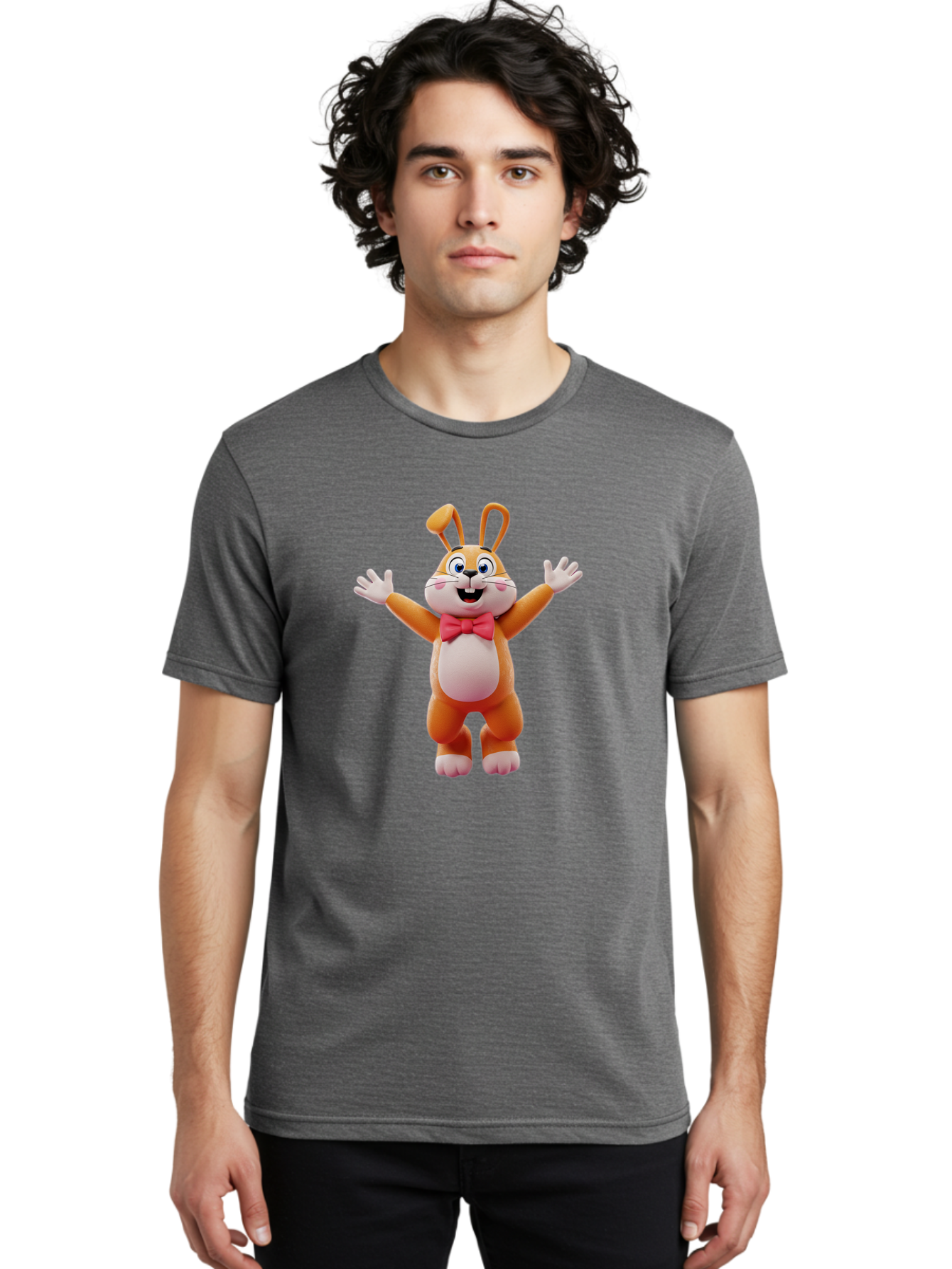 Easter-Bunny Men'S Graphic Tee, 100% Cotton, Comfortable Casual Summer Wear, Machine Washable, Cartoon Rabbit, Easter Bunny, Orange Bunny, Pink Bow Tie, White Gloves, Cute Character, 3D Illustration, Easter Theme, Spring Celebration Bae441