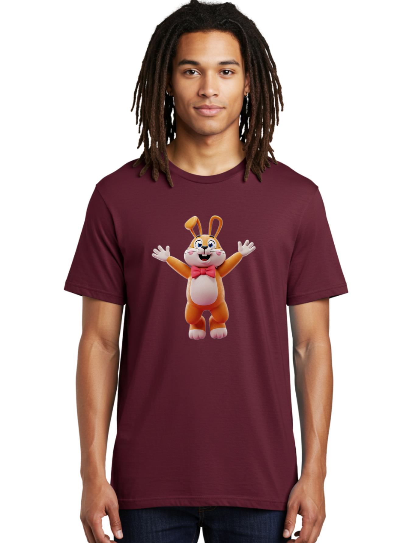 Easter-Bunny Men'S Graphic Tee, 100% Cotton, Comfortable Casual Summer Wear, Machine Washable, Cartoon Rabbit, Easter Bunny, Orange Bunny, Pink Bow Tie, White Gloves, Cute Character, 3D Illustration, Easter Theme, Spring Celebration Bae441