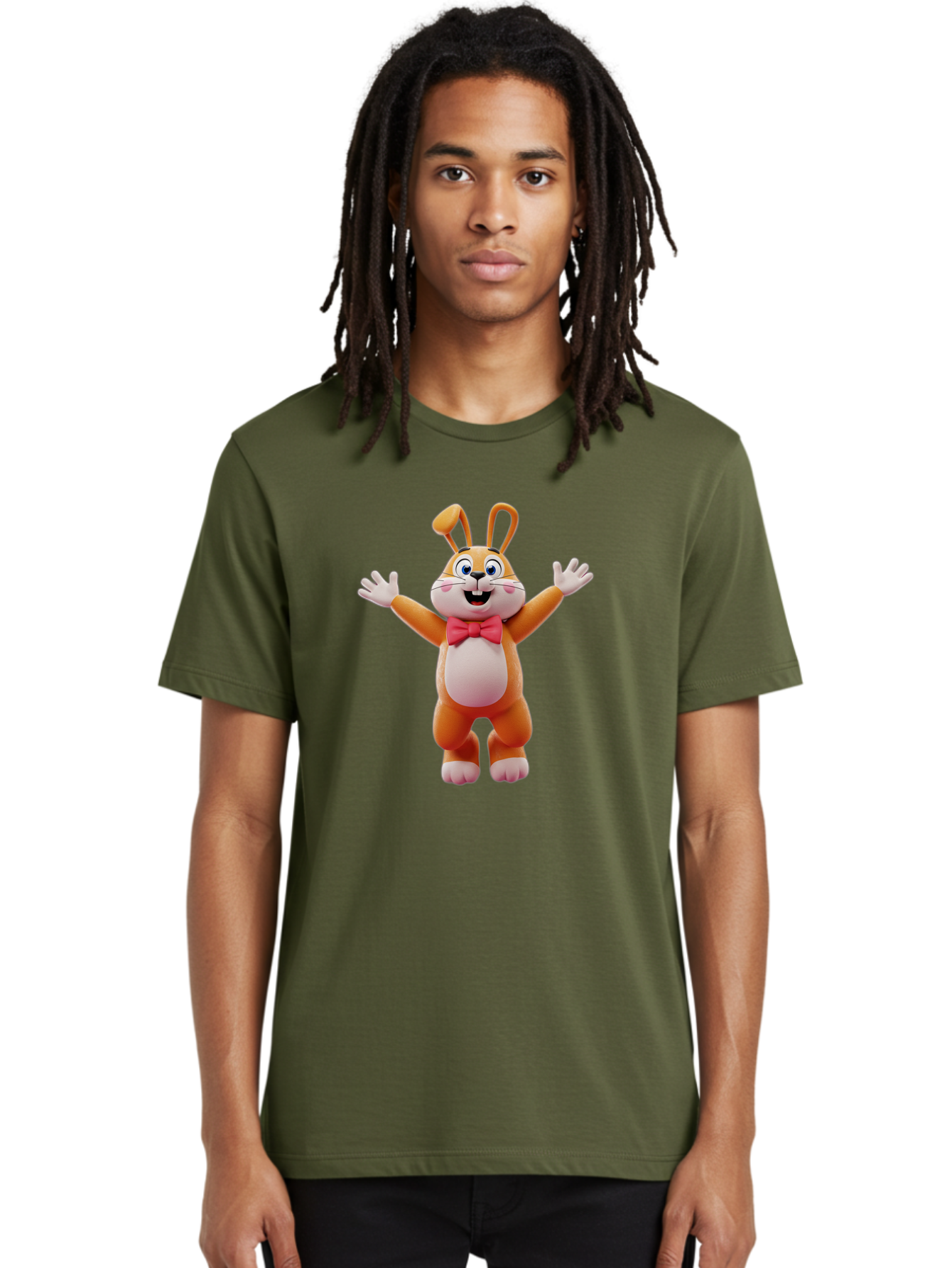 Easter-Bunny Men'S Graphic Tee, 100% Cotton, Comfortable Casual Summer Wear, Machine Washable, Cartoon Rabbit, Easter Bunny, Orange Bunny, Pink Bow Tie, White Gloves, Cute Character, 3D Illustration, Easter Theme, Spring Celebration Bae441
