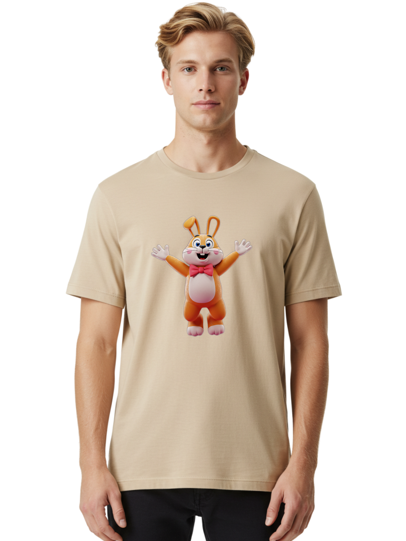 Easter-Bunny Men'S Graphic Tee, 100% Cotton, Comfortable Casual Summer Wear, Machine Washable, Cartoon Rabbit, Easter Bunny, Orange Bunny, Pink Bow Tie, White Gloves, Cute Character, 3D Illustration, Easter Theme, Spring Celebration Bae441