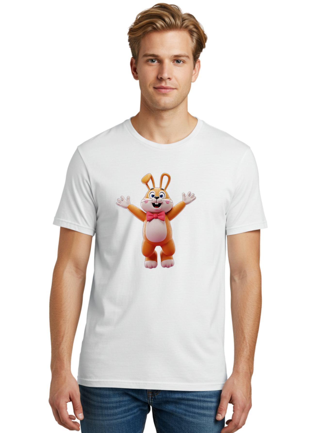 Easter-Bunny Men'S Graphic Tee, 100% Cotton, Comfortable Casual Summer Wear, Machine Washable, Cartoon Rabbit, Easter Bunny, Orange Bunny, Pink Bow Tie, White Gloves, Cute Character, 3D Illustration, Easter Theme, Spring Celebration Bae441