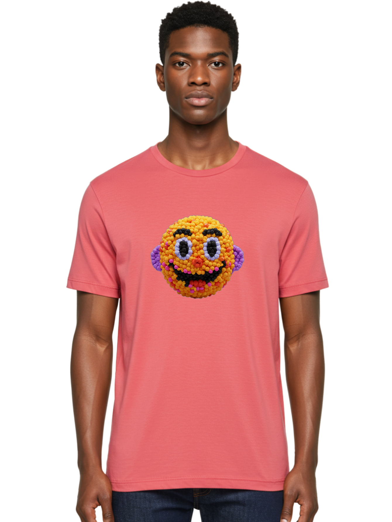 Ernie-Bead-Head Men'S Graphic Tee, 100% Cotton, Comfortable Casual Summer Wear, Machine Washable, Sesame Street Ernie, Bead Art, Colorful Character, Playful Design, Fun Toy, Creative Craft, 3D Art, Children'S Entertainment, Purple Ears, Bae443