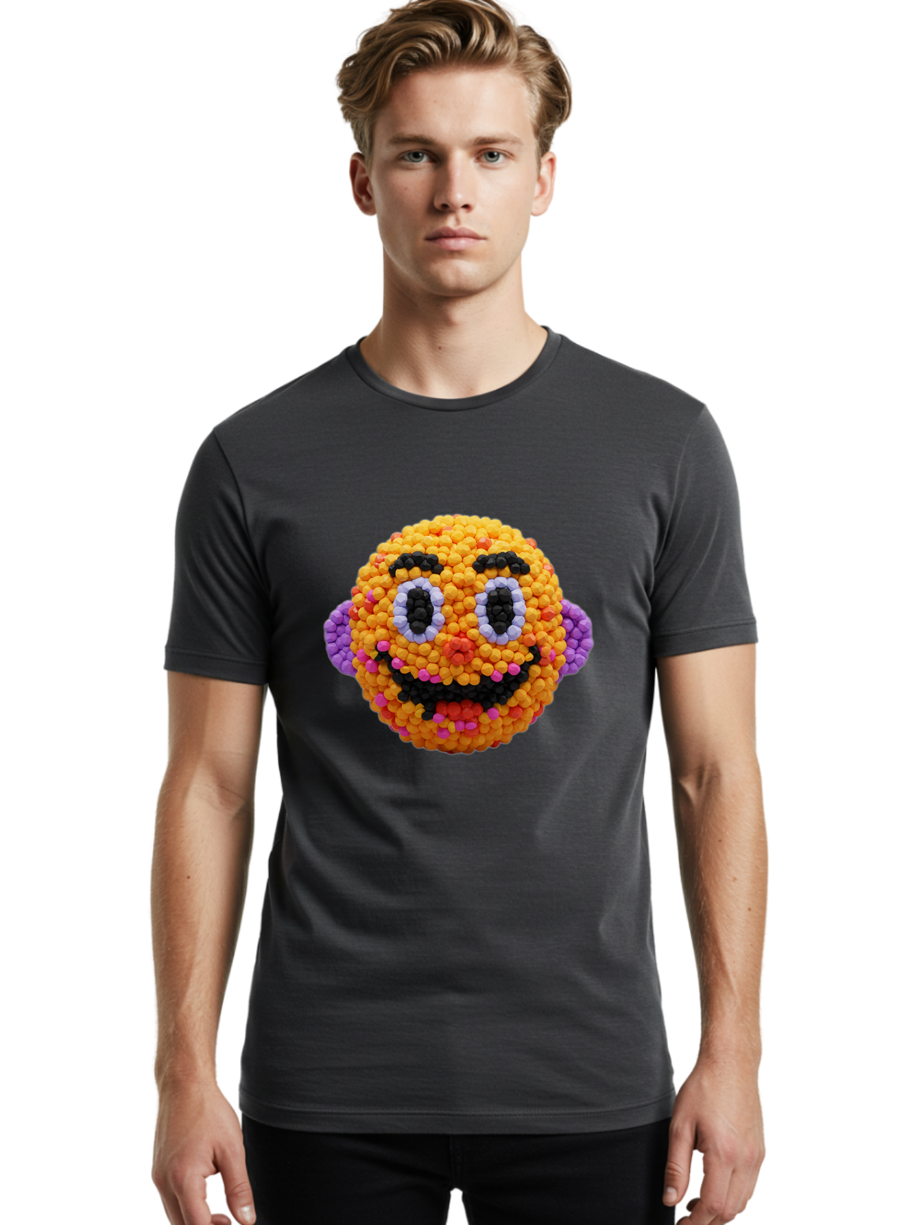 Ernie-Bead-Head Men'S Graphic Tee, 100% Cotton, Comfortable Casual Summer Wear, Machine Washable, Sesame Street Ernie, Bead Art, Colorful Character, Playful Design, Fun Toy, Creative Craft, 3D Art, Children'S Entertainment, Purple Ears, Bae443