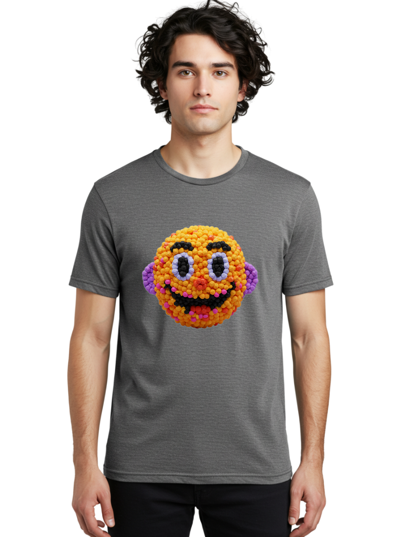 Ernie-Bead-Head Men'S Graphic Tee, 100% Cotton, Comfortable Casual Summer Wear, Machine Washable, Sesame Street Ernie, Bead Art, Colorful Character, Playful Design, Fun Toy, Creative Craft, 3D Art, Children'S Entertainment, Purple Ears, Bae443