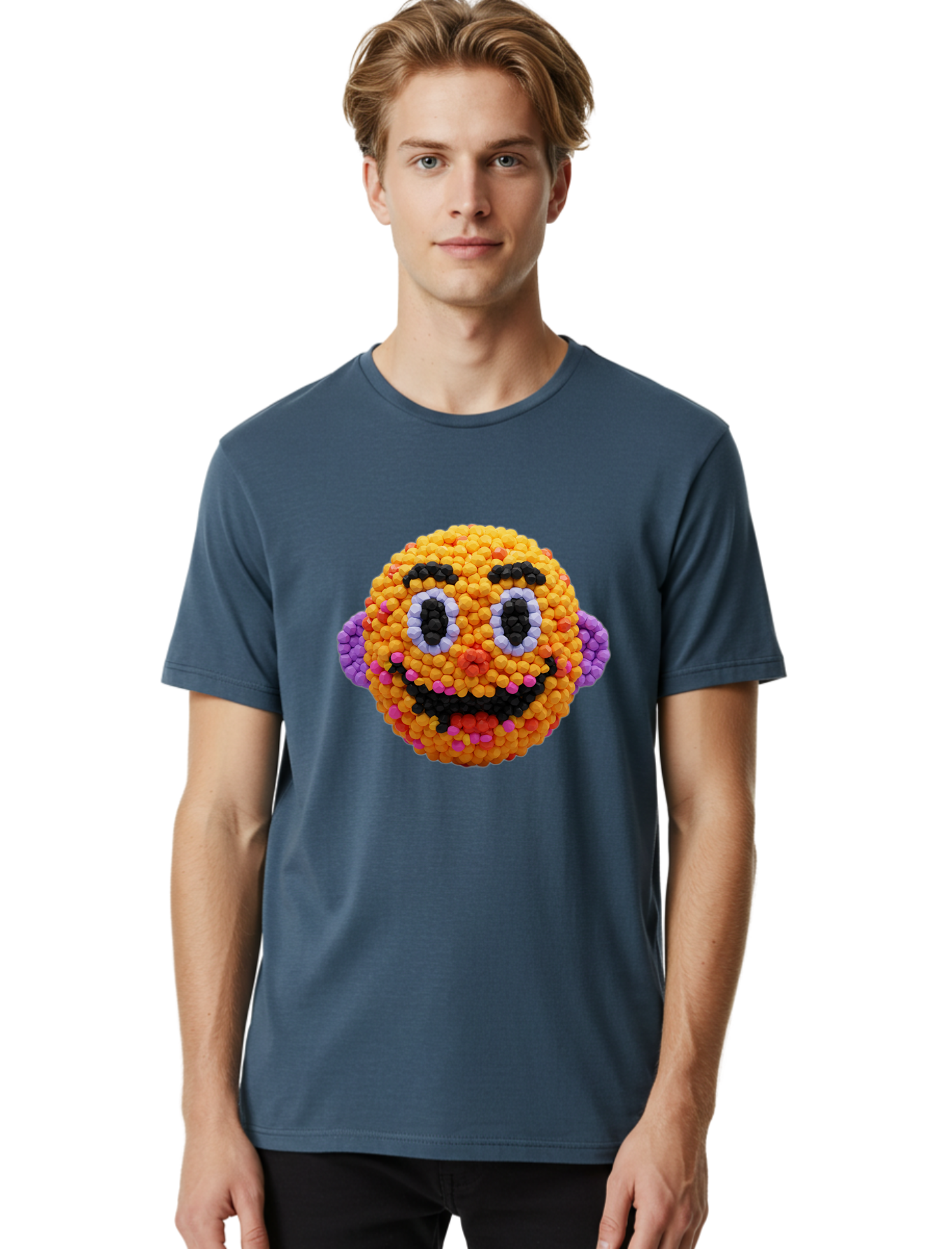 Ernie-Bead-Head Men'S Graphic Tee, 100% Cotton, Comfortable Casual Summer Wear, Machine Washable, Sesame Street Ernie, Bead Art, Colorful Character, Playful Design, Fun Toy, Creative Craft, 3D Art, Children'S Entertainment, Purple Ears, Bae443