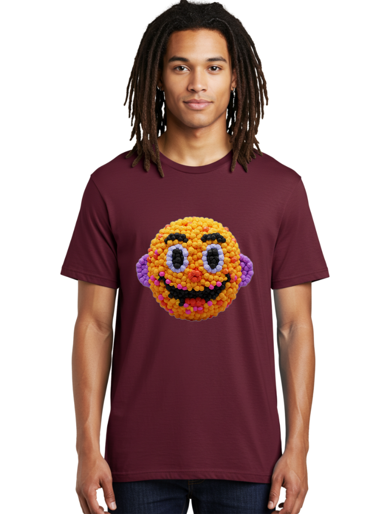 Ernie-Bead-Head Men'S Graphic Tee, 100% Cotton, Comfortable Casual Summer Wear, Machine Washable, Sesame Street Ernie, Bead Art, Colorful Character, Playful Design, Fun Toy, Creative Craft, 3D Art, Children'S Entertainment, Purple Ears, Bae443