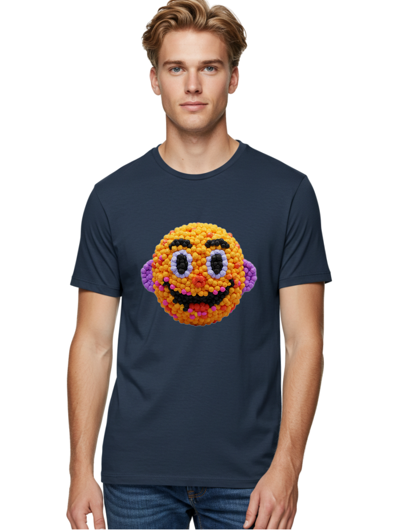 Ernie-Bead-Head Men'S Graphic Tee, 100% Cotton, Comfortable Casual Summer Wear, Machine Washable, Sesame Street Ernie, Bead Art, Colorful Character, Playful Design, Fun Toy, Creative Craft, 3D Art, Children'S Entertainment, Purple Ears, Bae443