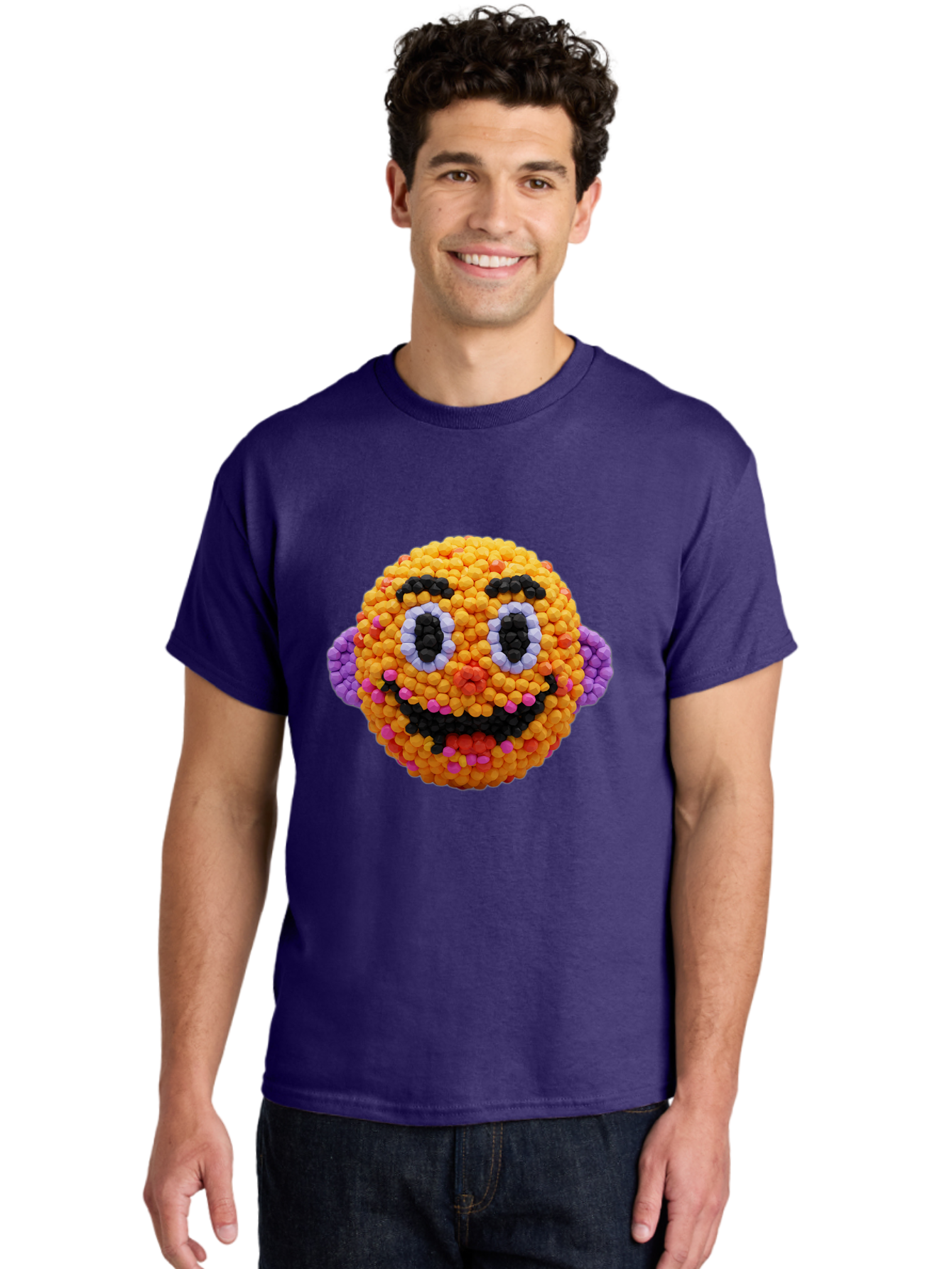 Ernie-Bead-Head Men'S Graphic Tee, 100% Cotton, Comfortable Casual Summer Wear, Machine Washable, Sesame Street Ernie, Bead Art, Colorful Character, Playful Design, Fun Toy, Creative Craft, 3D Art, Children'S Entertainment, Purple Ears, Bae443