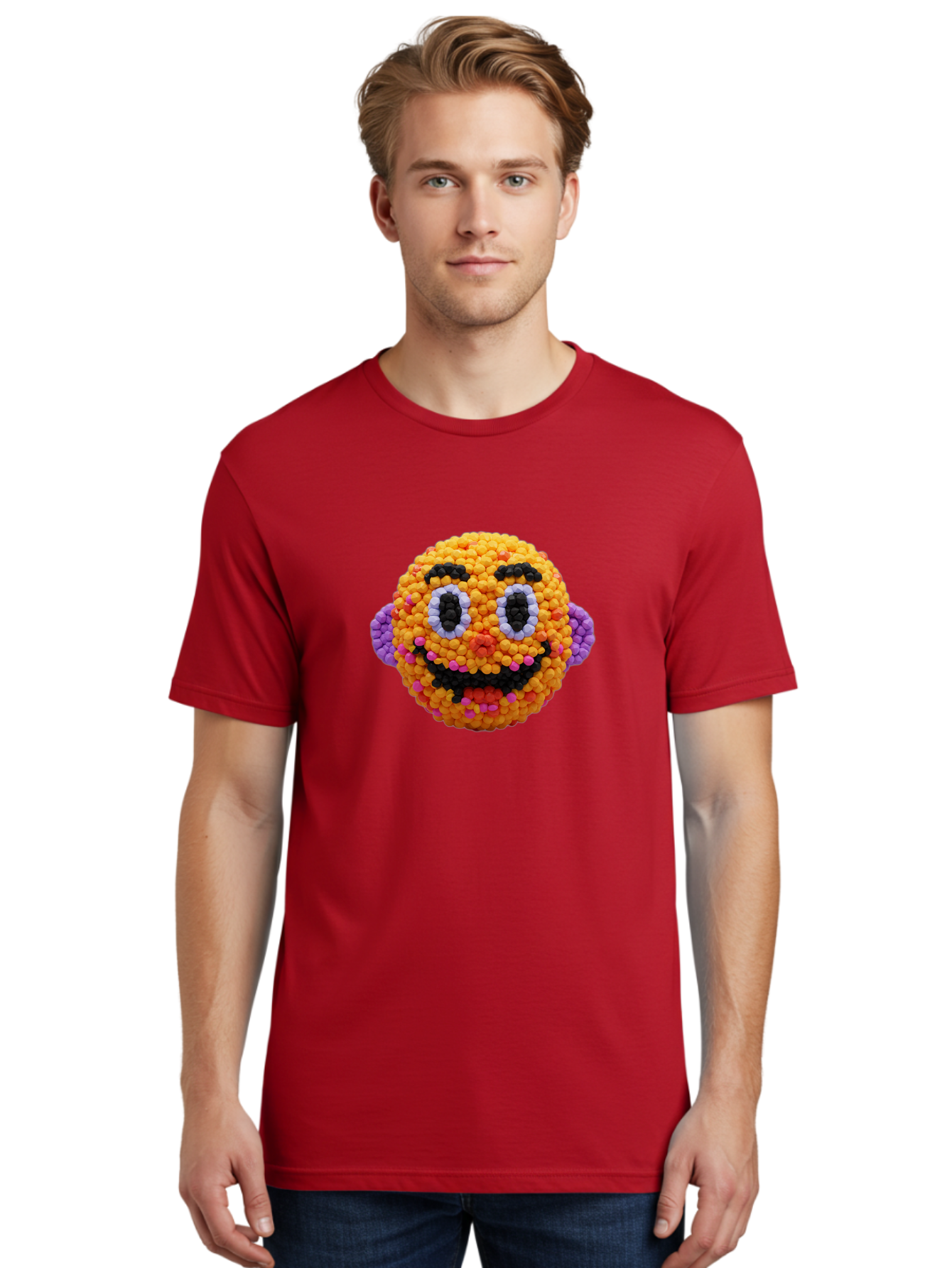 Ernie-Bead-Head Men'S Graphic Tee, 100% Cotton, Comfortable Casual Summer Wear, Machine Washable, Sesame Street Ernie, Bead Art, Colorful Character, Playful Design, Fun Toy, Creative Craft, 3D Art, Children'S Entertainment, Purple Ears, Bae443