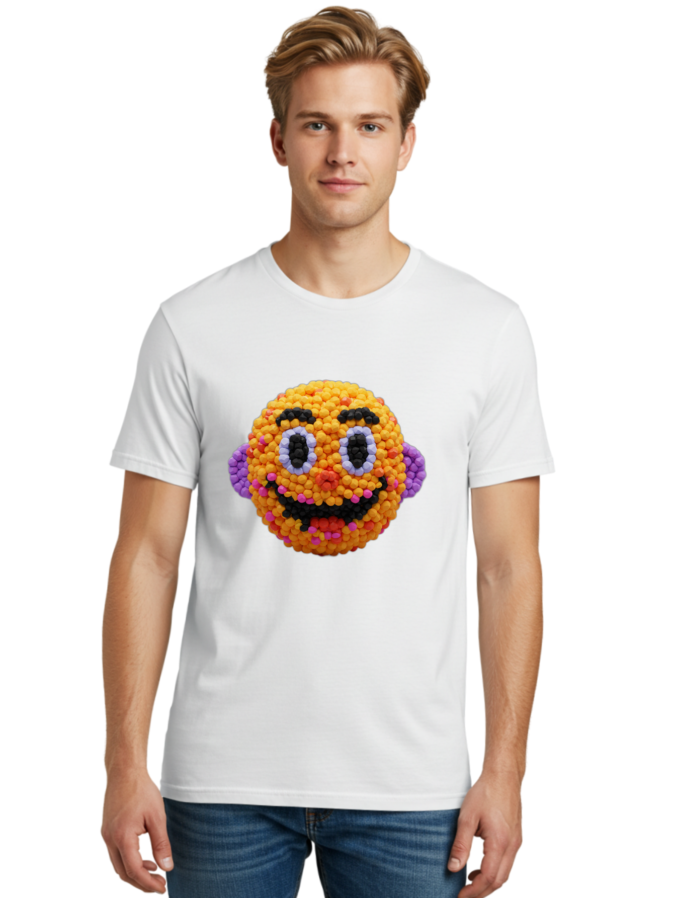 Ernie-Bead-Head Men'S Graphic Tee, 100% Cotton, Comfortable Casual Summer Wear, Machine Washable, Sesame Street Ernie, Bead Art, Colorful Character, Playful Design, Fun Toy, Creative Craft, 3D Art, Children'S Entertainment, Purple Ears, Bae443