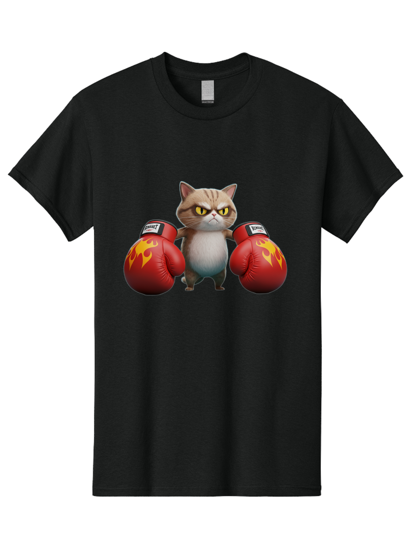 Expect-Cat-Boxer Men'S Graphic Tee, 100% Cotton, Comfortable Casual Summer Wear, Machine Washable, Aggressive Cat, Boxing Gloves, Fighting Cat, Expect Label, Feline Fighter, Cartoon Cat, Yellow Eyes, Red Gloves, Flame Design Bae444