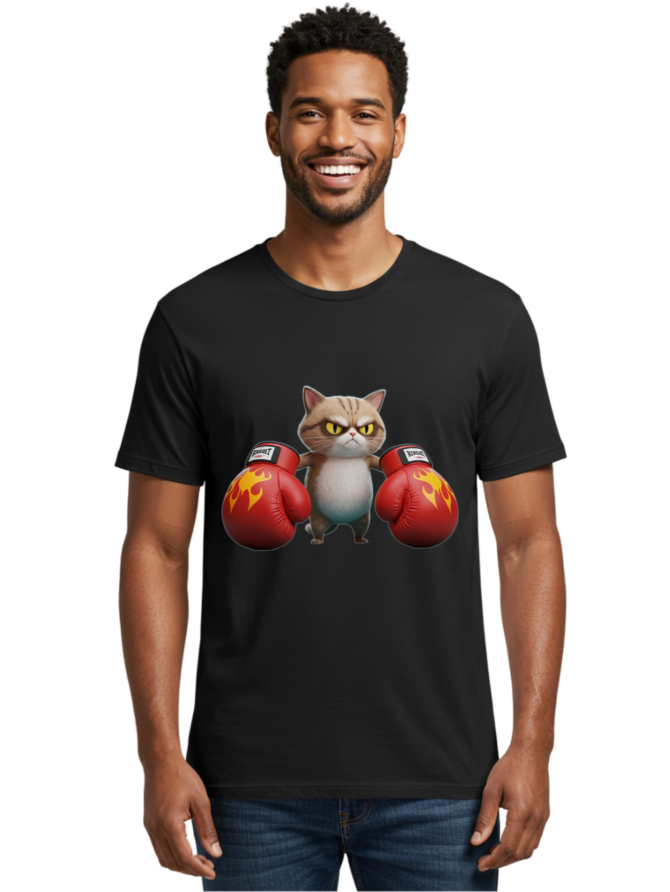 Expect-Cat-Boxer Men'S Graphic Tee, 100% Cotton, Comfortable Casual Summer Wear, Machine Washable, Aggressive Cat, Boxing Gloves, Fighting Cat, Expect Label, Feline Fighter, Cartoon Cat, Yellow Eyes, Red Gloves, Flame Design Bae444