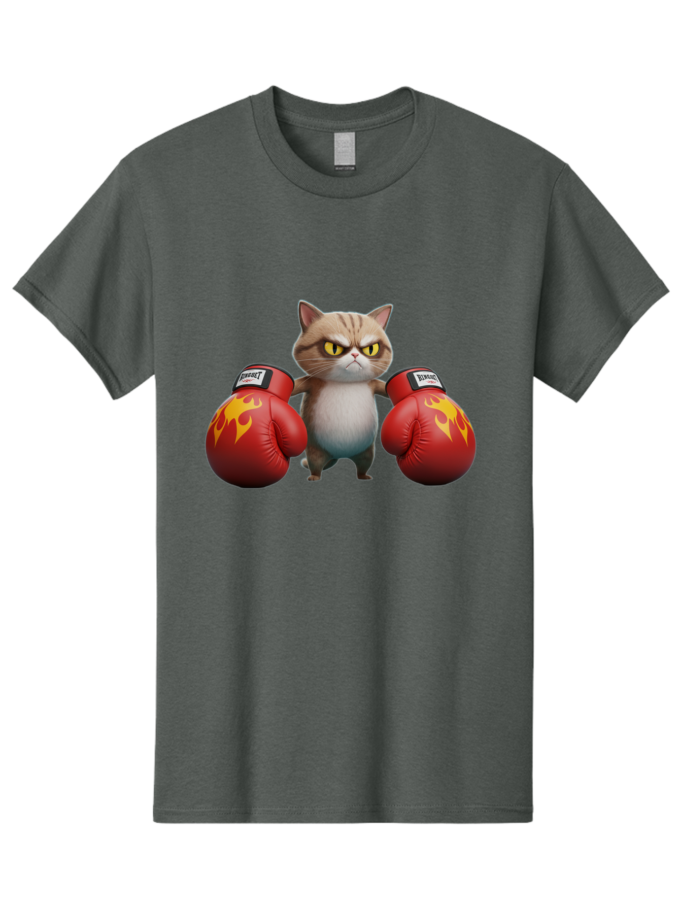 Expect-Cat-Boxer Men'S Graphic Tee, 100% Cotton, Comfortable Casual Summer Wear, Machine Washable, Aggressive Cat, Boxing Gloves, Fighting Cat, Expect Label, Feline Fighter, Cartoon Cat, Yellow Eyes, Red Gloves, Flame Design Bae444