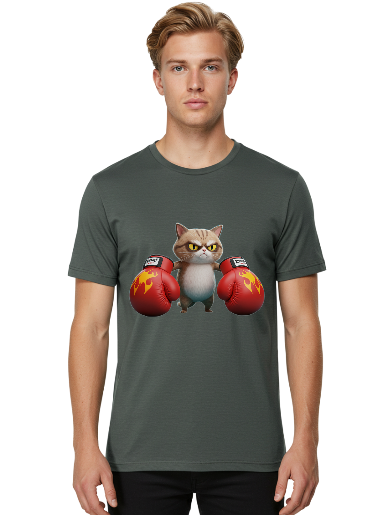 Expect-Cat-Boxer Men'S Graphic Tee, 100% Cotton, Comfortable Casual Summer Wear, Machine Washable, Aggressive Cat, Boxing Gloves, Fighting Cat, Expect Label, Feline Fighter, Cartoon Cat, Yellow Eyes, Red Gloves, Flame Design Bae444