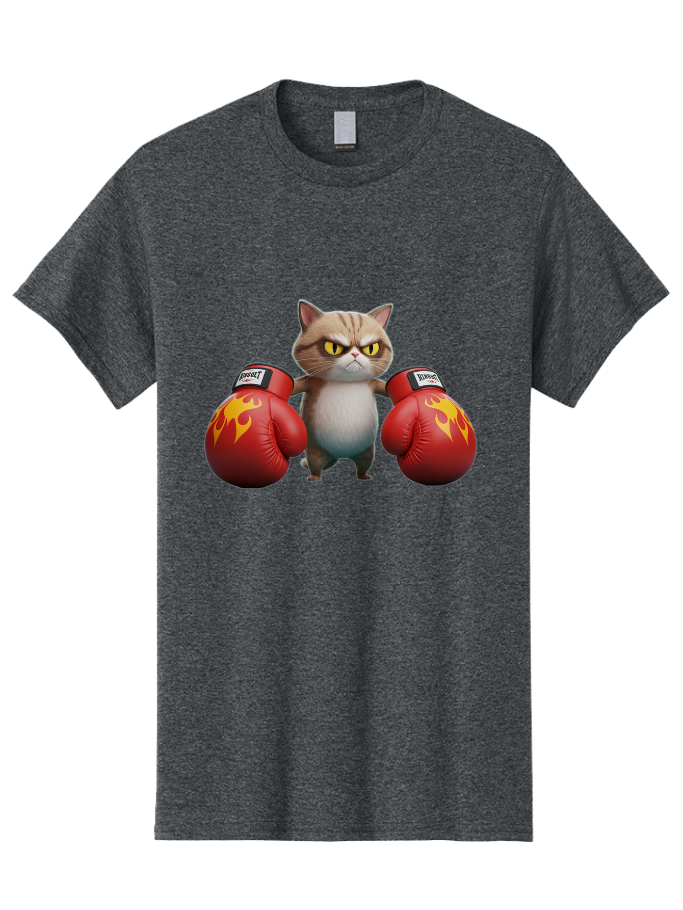 Expect-Cat-Boxer Men'S Graphic Tee, 100% Cotton, Comfortable Casual Summer Wear, Machine Washable, Aggressive Cat, Boxing Gloves, Fighting Cat, Expect Label, Feline Fighter, Cartoon Cat, Yellow Eyes, Red Gloves, Flame Design Bae444