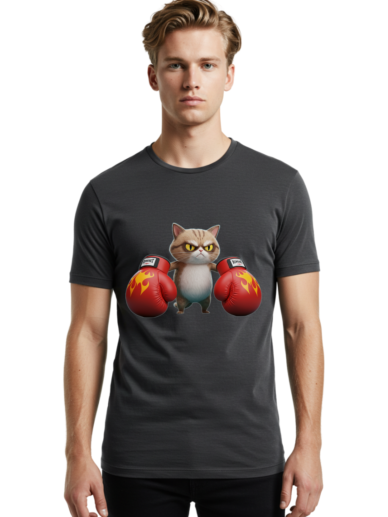 Expect-Cat-Boxer Men'S Graphic Tee, 100% Cotton, Comfortable Casual Summer Wear, Machine Washable, Aggressive Cat, Boxing Gloves, Fighting Cat, Expect Label, Feline Fighter, Cartoon Cat, Yellow Eyes, Red Gloves, Flame Design Bae444