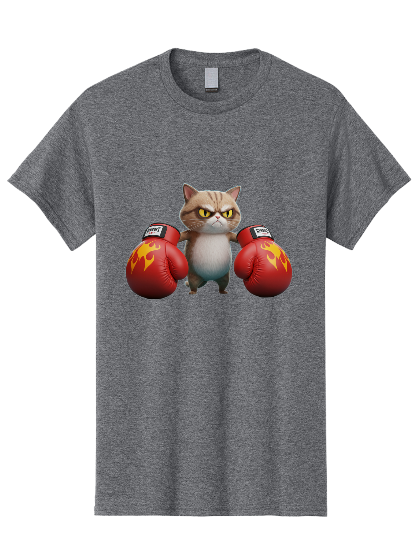 Expect-Cat-Boxer Men'S Graphic Tee, 100% Cotton, Comfortable Casual Summer Wear, Machine Washable, Aggressive Cat, Boxing Gloves, Fighting Cat, Expect Label, Feline Fighter, Cartoon Cat, Yellow Eyes, Red Gloves, Flame Design Bae444
