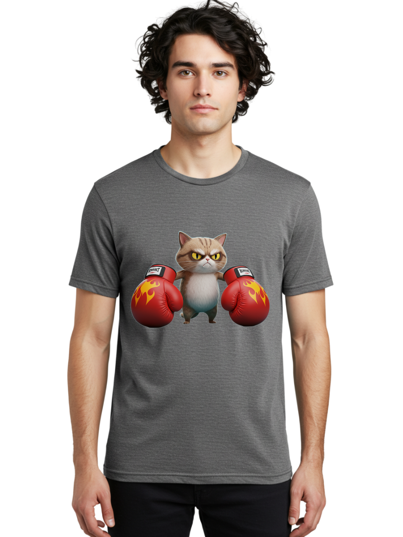Expect-Cat-Boxer Men'S Graphic Tee, 100% Cotton, Comfortable Casual Summer Wear, Machine Washable, Aggressive Cat, Boxing Gloves, Fighting Cat, Expect Label, Feline Fighter, Cartoon Cat, Yellow Eyes, Red Gloves, Flame Design Bae444