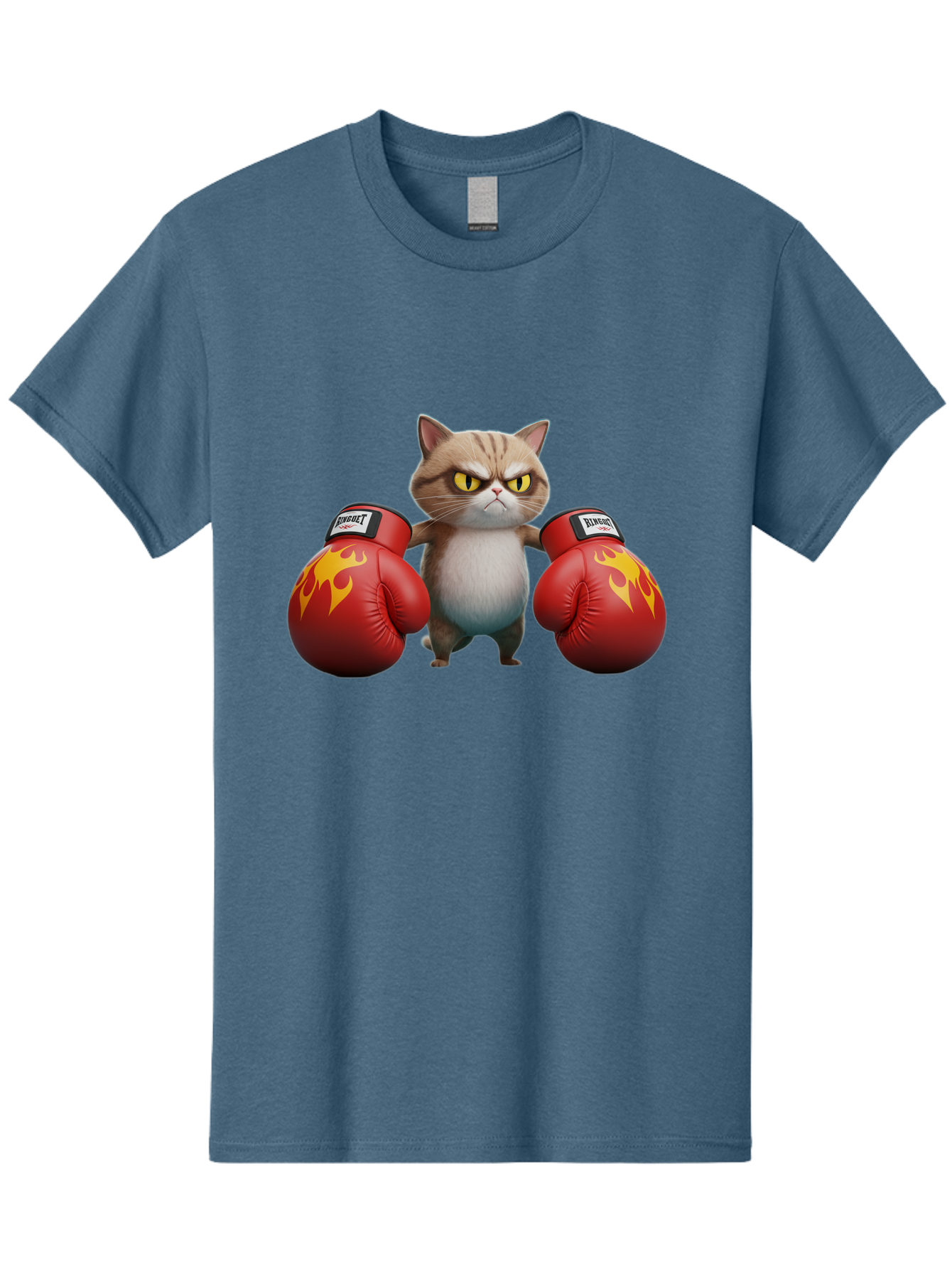 Expect-Cat-Boxer Men'S Graphic Tee, 100% Cotton, Comfortable Casual Summer Wear, Machine Washable, Aggressive Cat, Boxing Gloves, Fighting Cat, Expect Label, Feline Fighter, Cartoon Cat, Yellow Eyes, Red Gloves, Flame Design Bae444