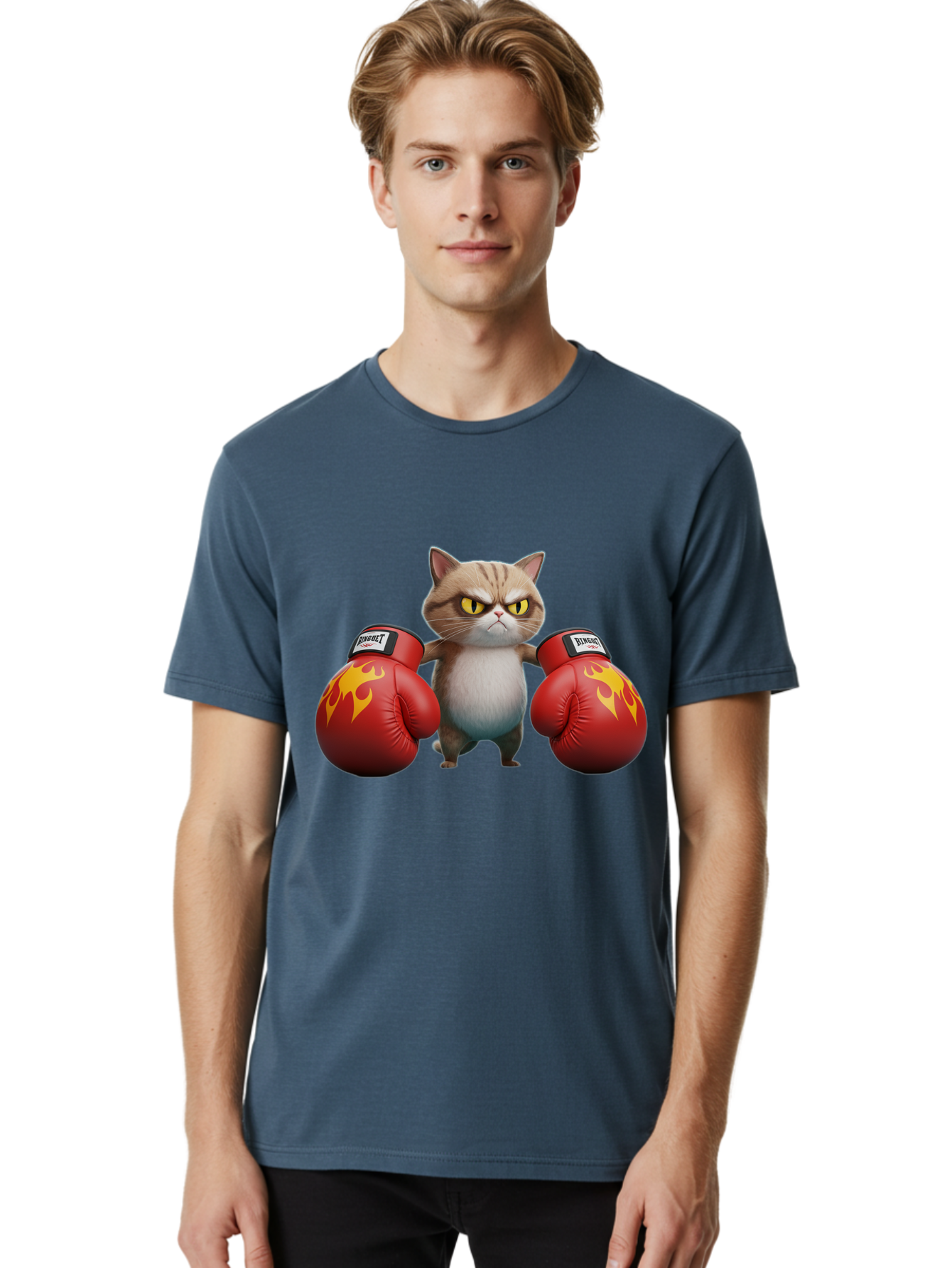 Expect-Cat-Boxer Men'S Graphic Tee, 100% Cotton, Comfortable Casual Summer Wear, Machine Washable, Aggressive Cat, Boxing Gloves, Fighting Cat, Expect Label, Feline Fighter, Cartoon Cat, Yellow Eyes, Red Gloves, Flame Design Bae444