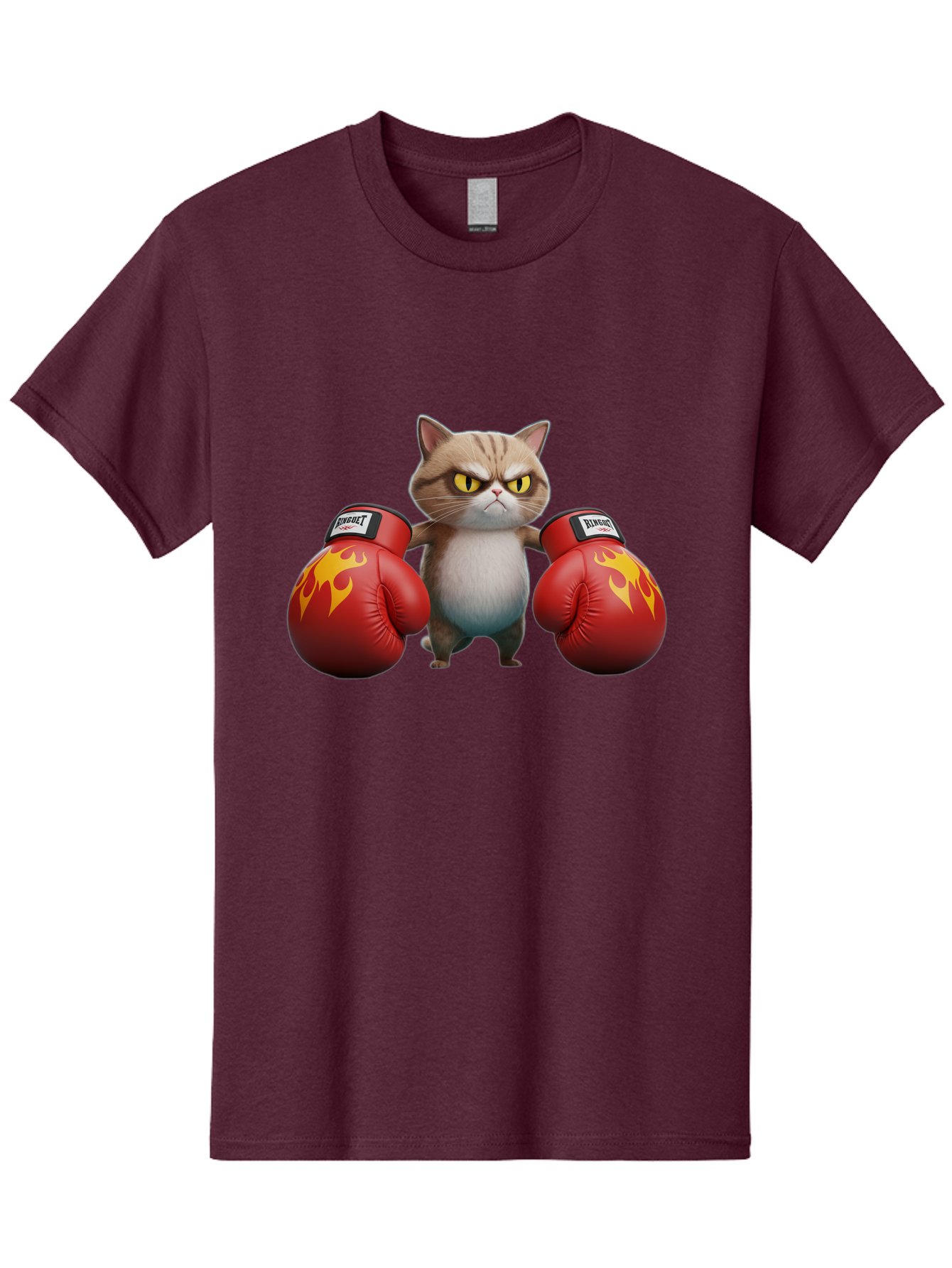 Expect-Cat-Boxer Men'S Graphic Tee, 100% Cotton, Comfortable Casual Summer Wear, Machine Washable, Aggressive Cat, Boxing Gloves, Fighting Cat, Expect Label, Feline Fighter, Cartoon Cat, Yellow Eyes, Red Gloves, Flame Design Bae444