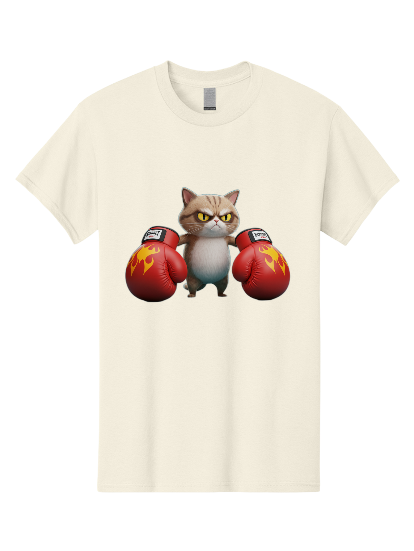 Expect-Cat-Boxer Men'S Graphic Tee, 100% Cotton, Comfortable Casual Summer Wear, Machine Washable, Aggressive Cat, Boxing Gloves, Fighting Cat, Expect Label, Feline Fighter, Cartoon Cat, Yellow Eyes, Red Gloves, Flame Design Bae444