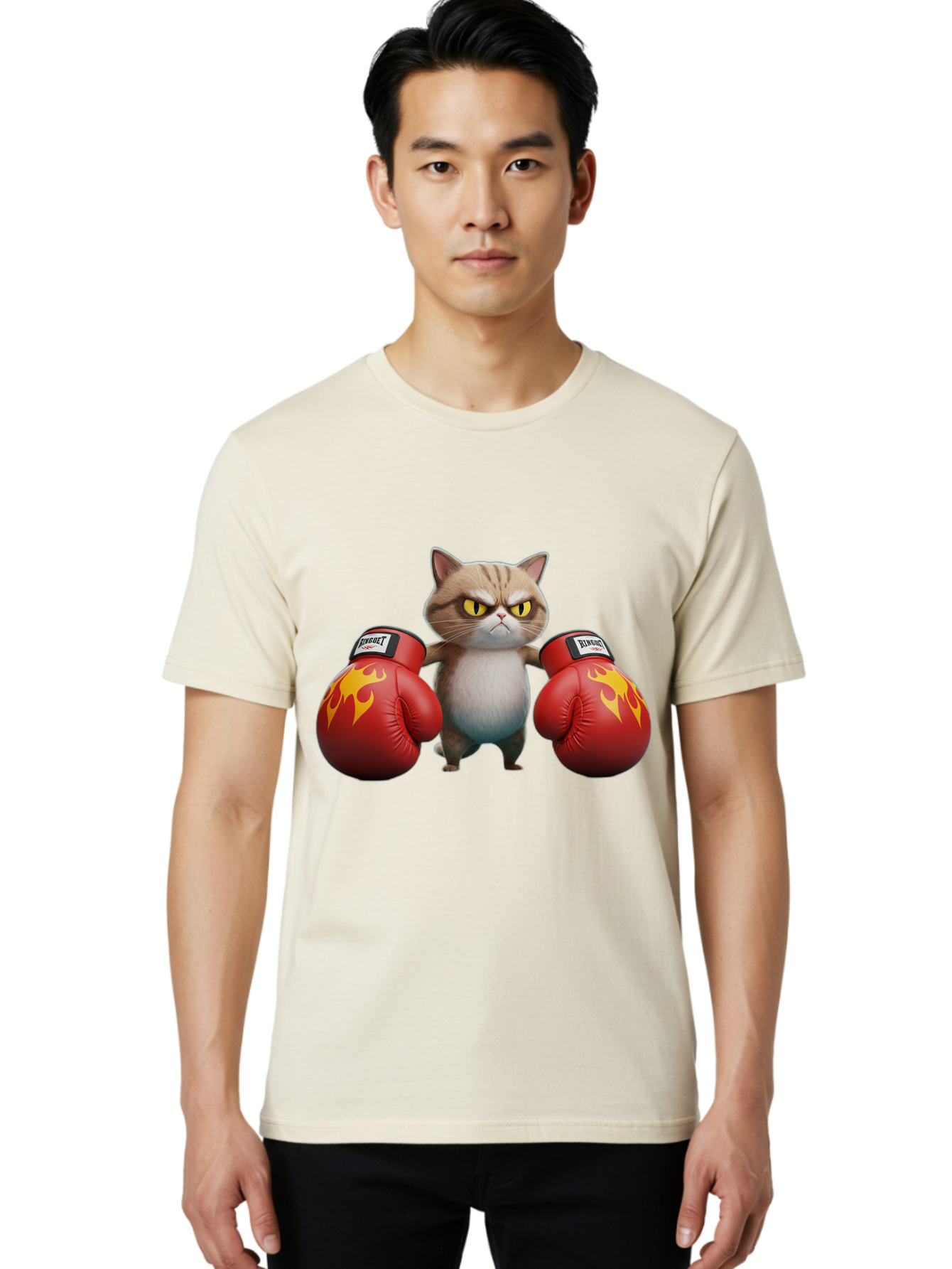 Expect-Cat-Boxer Men'S Graphic Tee, 100% Cotton, Comfortable Casual Summer Wear, Machine Washable, Aggressive Cat, Boxing Gloves, Fighting Cat, Expect Label, Feline Fighter, Cartoon Cat, Yellow Eyes, Red Gloves, Flame Design Bae444