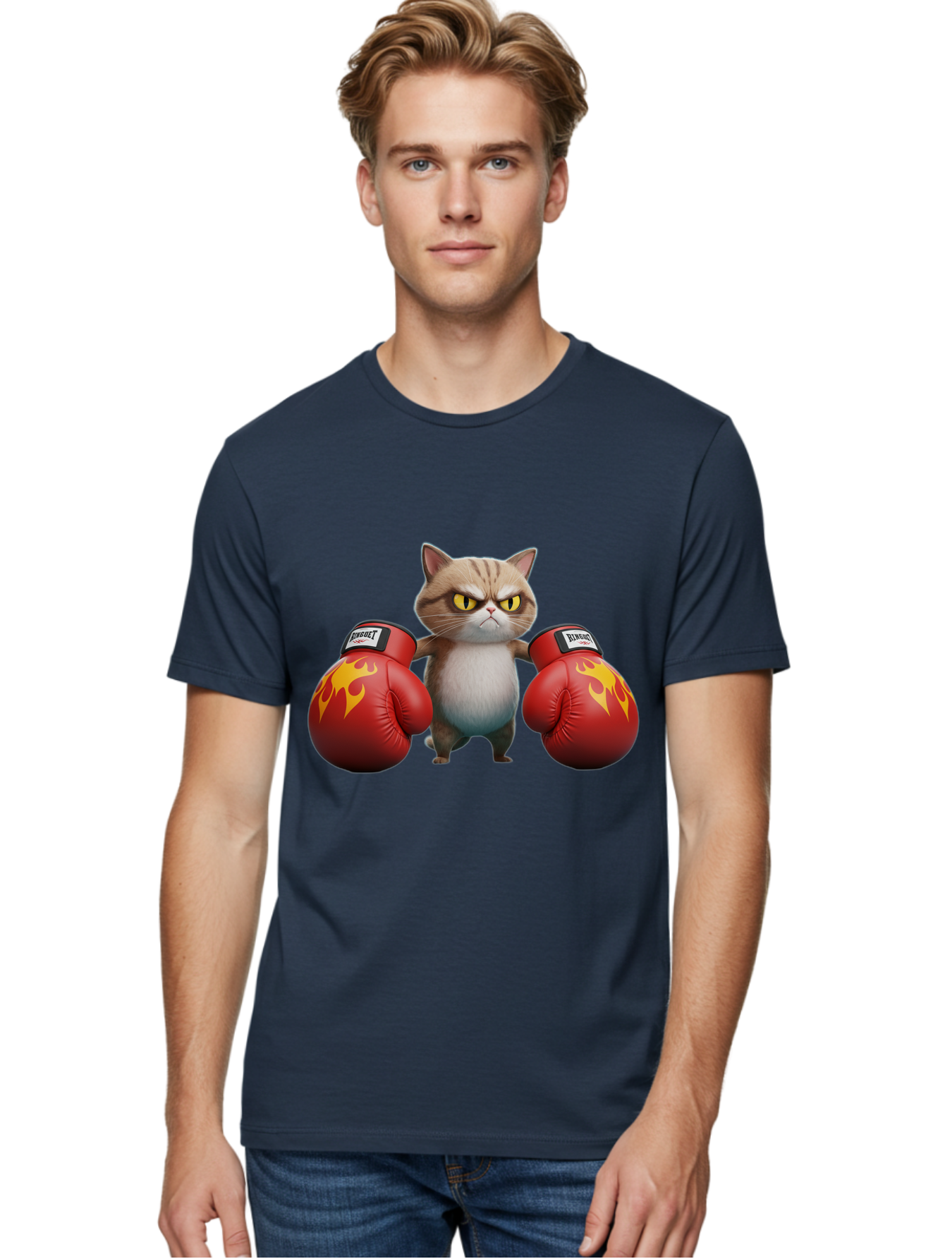 Expect-Cat-Boxer Men'S Graphic Tee, 100% Cotton, Comfortable Casual Summer Wear, Machine Washable, Aggressive Cat, Boxing Gloves, Fighting Cat, Expect Label, Feline Fighter, Cartoon Cat, Yellow Eyes, Red Gloves, Flame Design Bae444