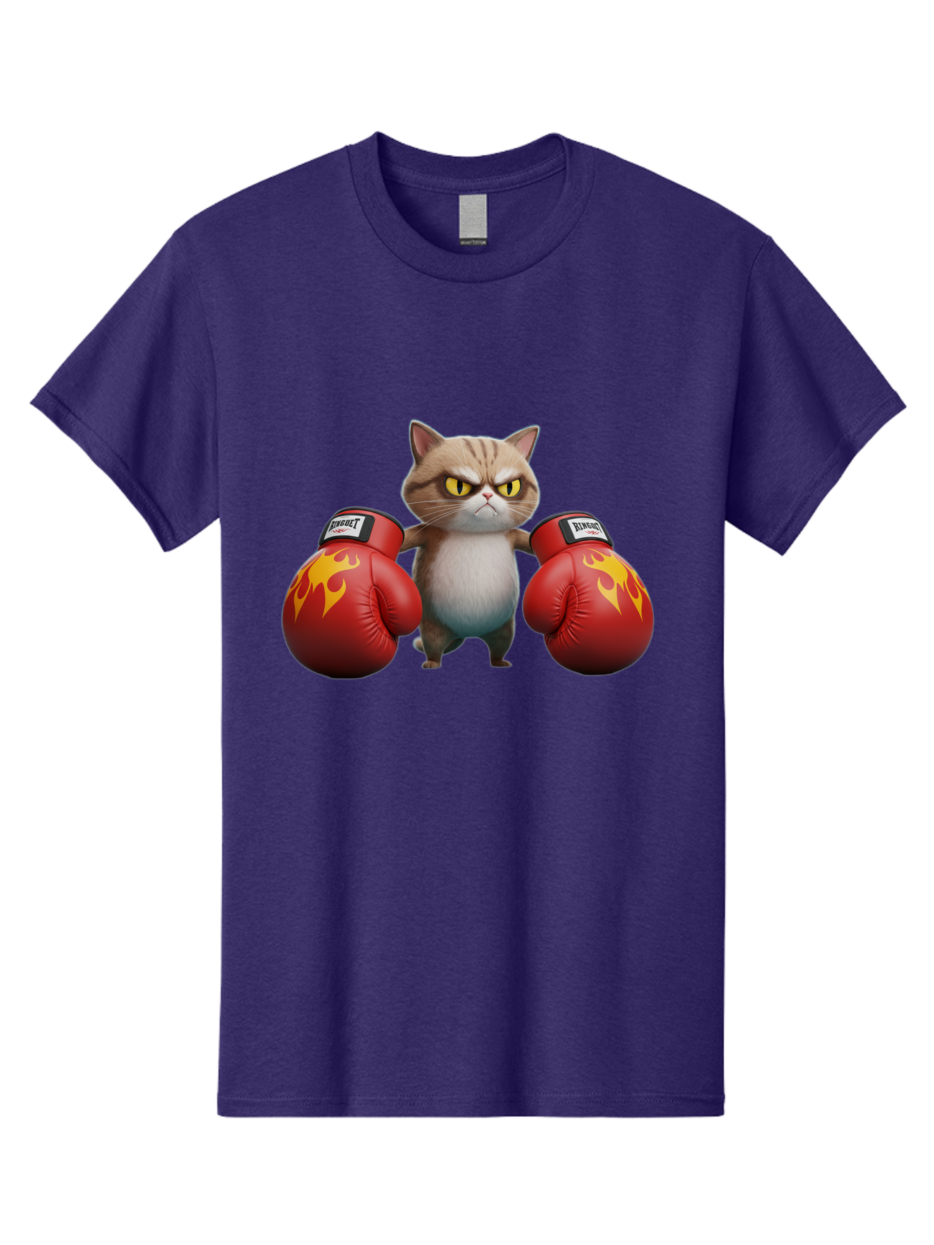 Expect-Cat-Boxer Men'S Graphic Tee, 100% Cotton, Comfortable Casual Summer Wear, Machine Washable, Aggressive Cat, Boxing Gloves, Fighting Cat, Expect Label, Feline Fighter, Cartoon Cat, Yellow Eyes, Red Gloves, Flame Design Bae444