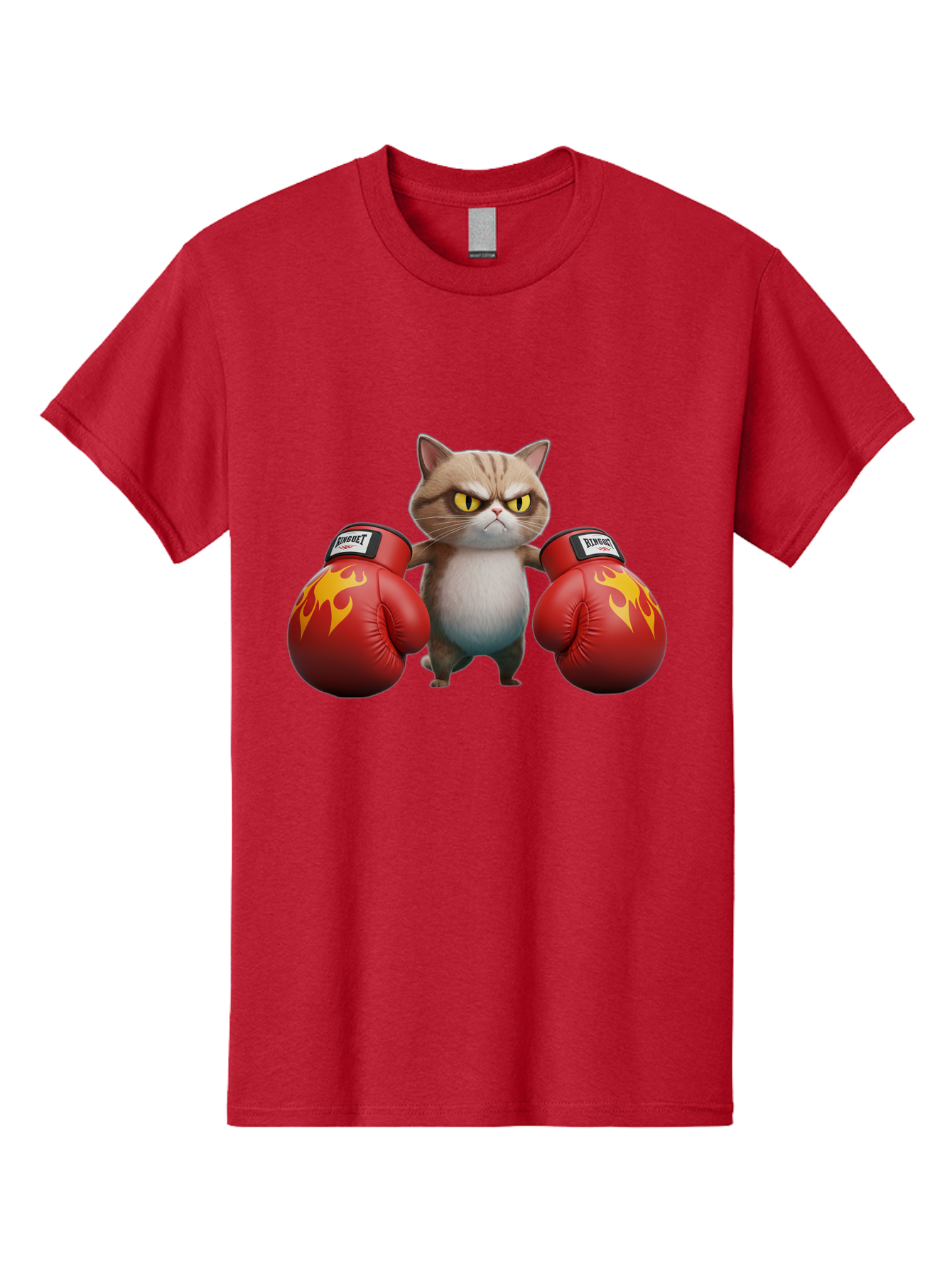 Expect-Cat-Boxer Men'S Graphic Tee, 100% Cotton, Comfortable Casual Summer Wear, Machine Washable, Aggressive Cat, Boxing Gloves, Fighting Cat, Expect Label, Feline Fighter, Cartoon Cat, Yellow Eyes, Red Gloves, Flame Design Bae444