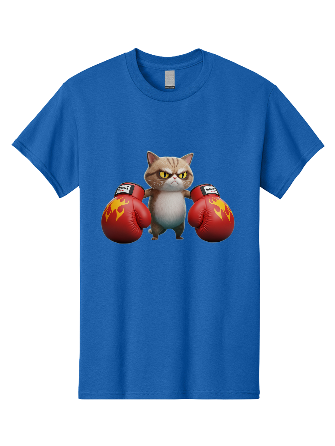Expect-Cat-Boxer Men'S Graphic Tee, 100% Cotton, Comfortable Casual Summer Wear, Machine Washable, Aggressive Cat, Boxing Gloves, Fighting Cat, Expect Label, Feline Fighter, Cartoon Cat, Yellow Eyes, Red Gloves, Flame Design Bae444