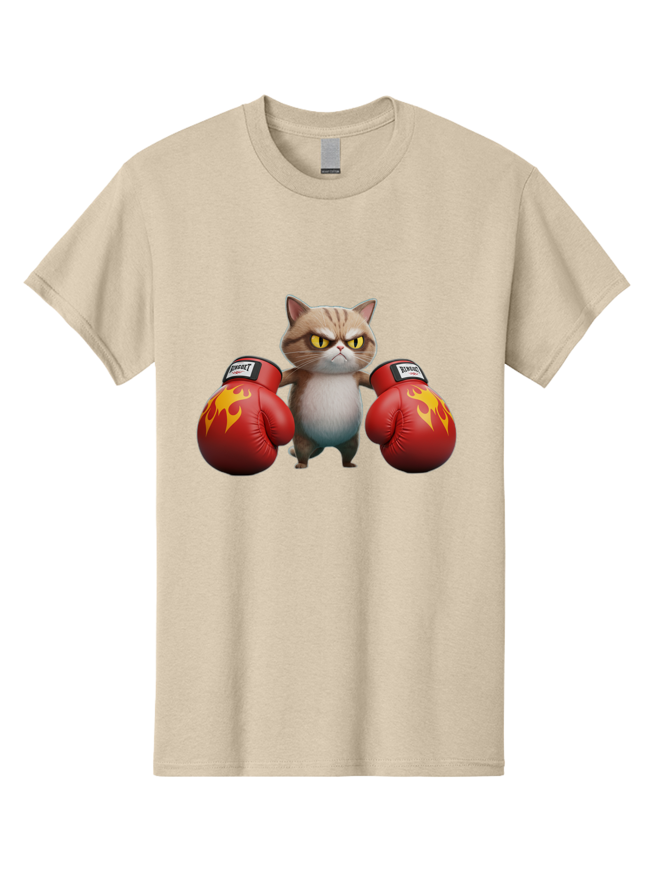 Expect-Cat-Boxer Men'S Graphic Tee, 100% Cotton, Comfortable Casual Summer Wear, Machine Washable, Aggressive Cat, Boxing Gloves, Fighting Cat, Expect Label, Feline Fighter, Cartoon Cat, Yellow Eyes, Red Gloves, Flame Design Bae444
