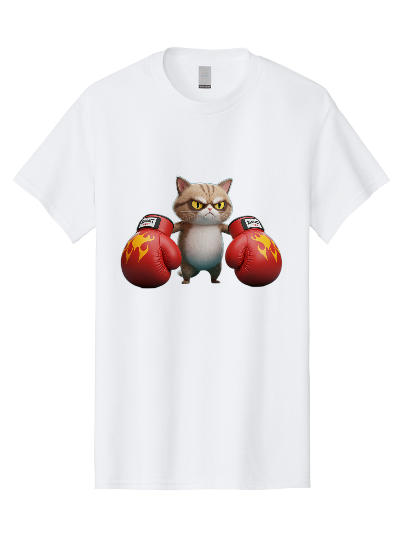 Expect-Cat-Boxer Men'S Graphic Tee, 100% Cotton, Comfortable Casual Summer Wear, Machine Washable, Aggressive Cat, Boxing Gloves, Fighting Cat, Expect Label, Feline Fighter, Cartoon Cat, Yellow Eyes, Red Gloves, Flame Design Bae444