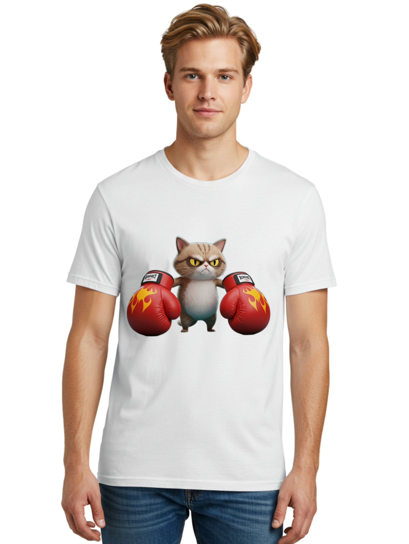 Expect-Cat-Boxer Men'S Graphic Tee, 100% Cotton, Comfortable Casual Summer Wear, Machine Washable, Aggressive Cat, Boxing Gloves, Fighting Cat, Expect Label, Feline Fighter, Cartoon Cat, Yellow Eyes, Red Gloves, Flame Design Bae444