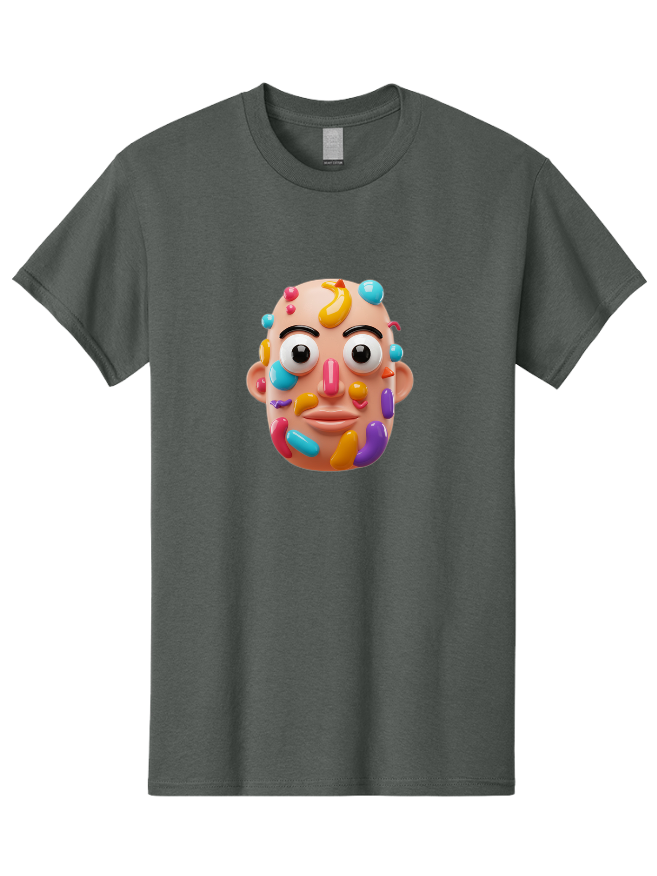 Face-With-Jelly-Beans Men'S Graphic Tee, 100% Cotton, Comfortable Casual Summer Wear, Machine Washable, Cartoon Head, Colorful Face, 3D Rendering, Vibrant Colors, Playful Design, Exaggerated Features, Creative Art, Digital Illustration, Bae445