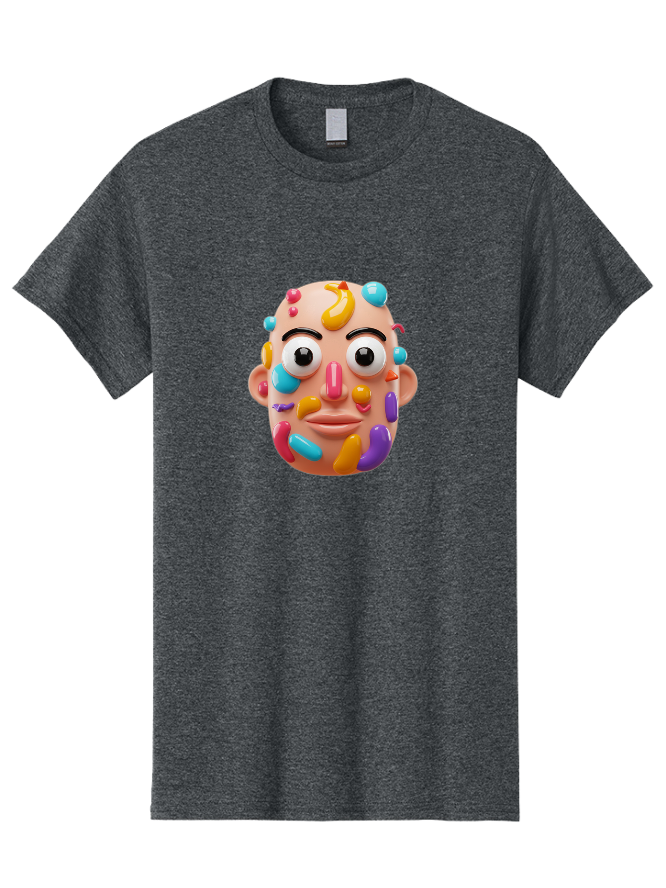 Face-With-Jelly-Beans Men'S Graphic Tee, 100% Cotton, Comfortable Casual Summer Wear, Machine Washable, Cartoon Head, Colorful Face, 3D Rendering, Vibrant Colors, Playful Design, Exaggerated Features, Creative Art, Digital Illustration, Bae445
