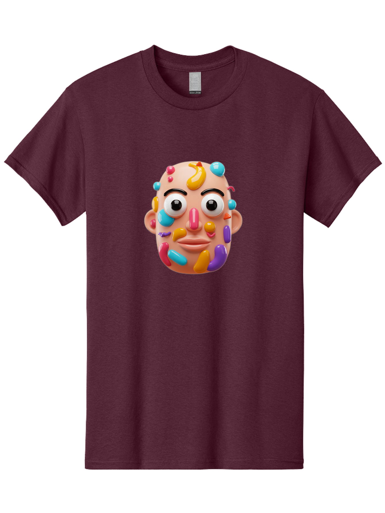 Face-With-Jelly-Beans Men'S Graphic Tee, 100% Cotton, Comfortable Casual Summer Wear, Machine Washable, Cartoon Head, Colorful Face, 3D Rendering, Vibrant Colors, Playful Design, Exaggerated Features, Creative Art, Digital Illustration, Bae445