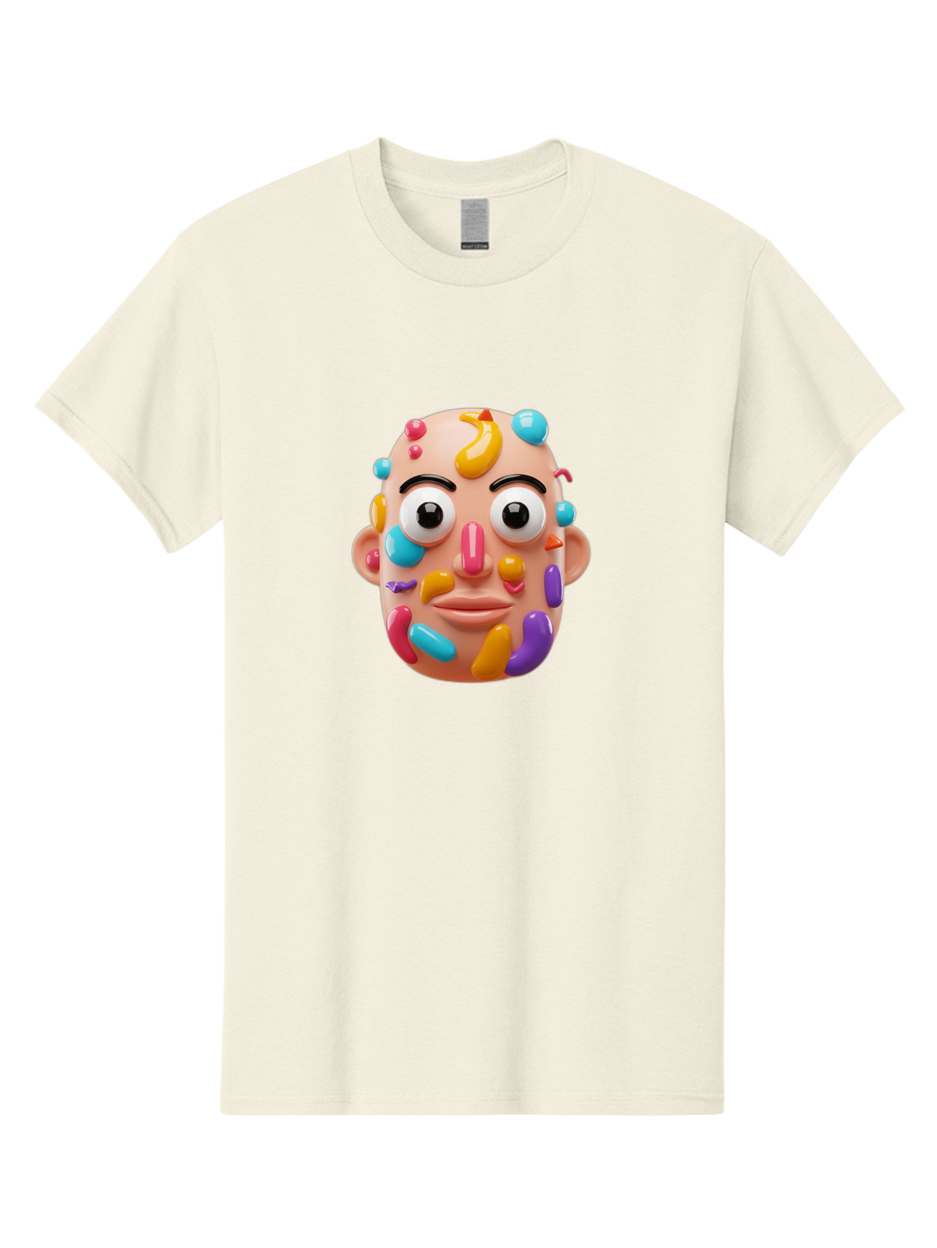 Face-With-Jelly-Beans Men'S Graphic Tee, 100% Cotton, Comfortable Casual Summer Wear, Machine Washable, Cartoon Head, Colorful Face, 3D Rendering, Vibrant Colors, Playful Design, Exaggerated Features, Creative Art, Digital Illustration, Bae445