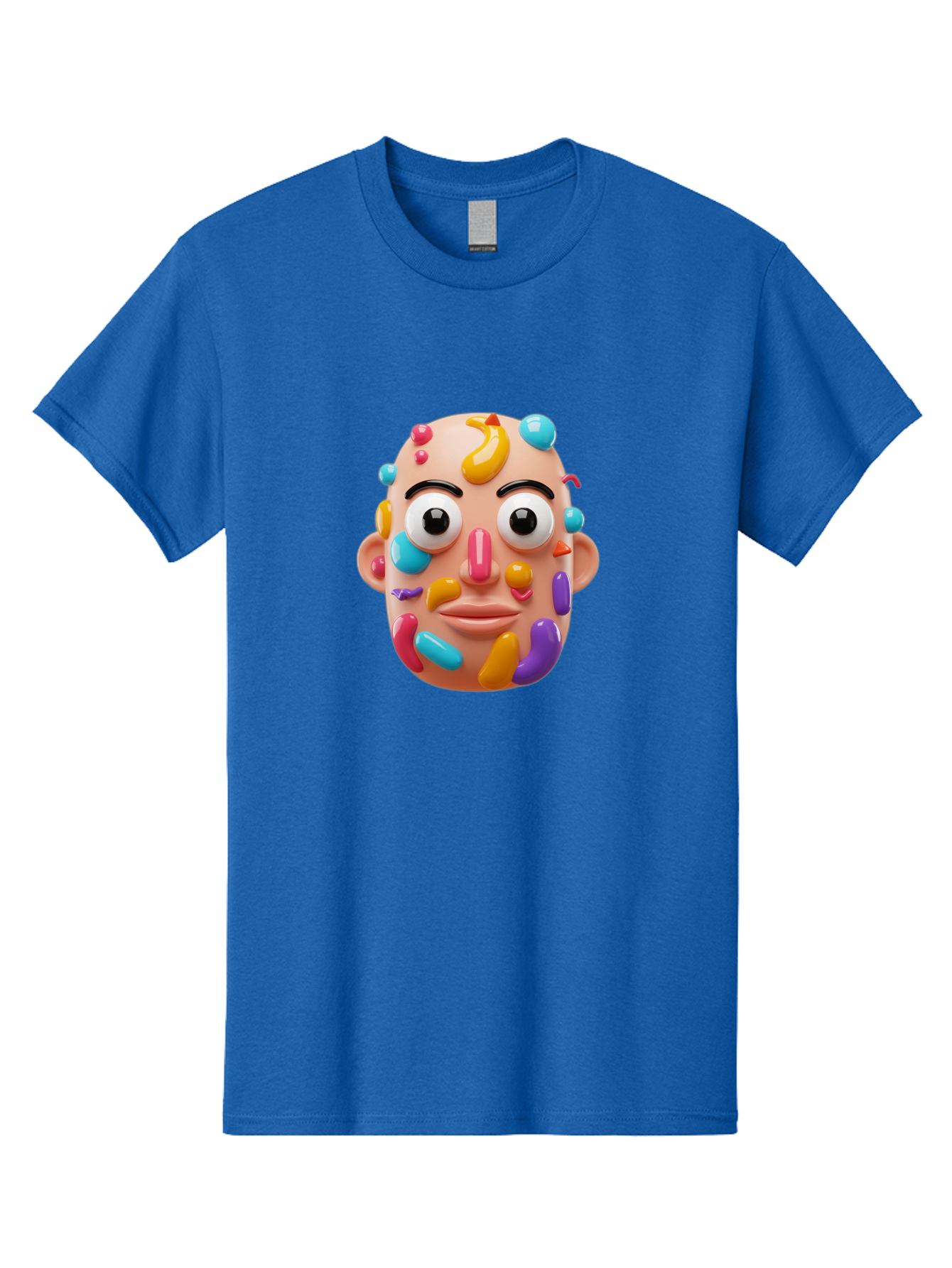 Face-With-Jelly-Beans Men'S Graphic Tee, 100% Cotton, Comfortable Casual Summer Wear, Machine Washable, Cartoon Head, Colorful Face, 3D Rendering, Vibrant Colors, Playful Design, Exaggerated Features, Creative Art, Digital Illustration, Bae445