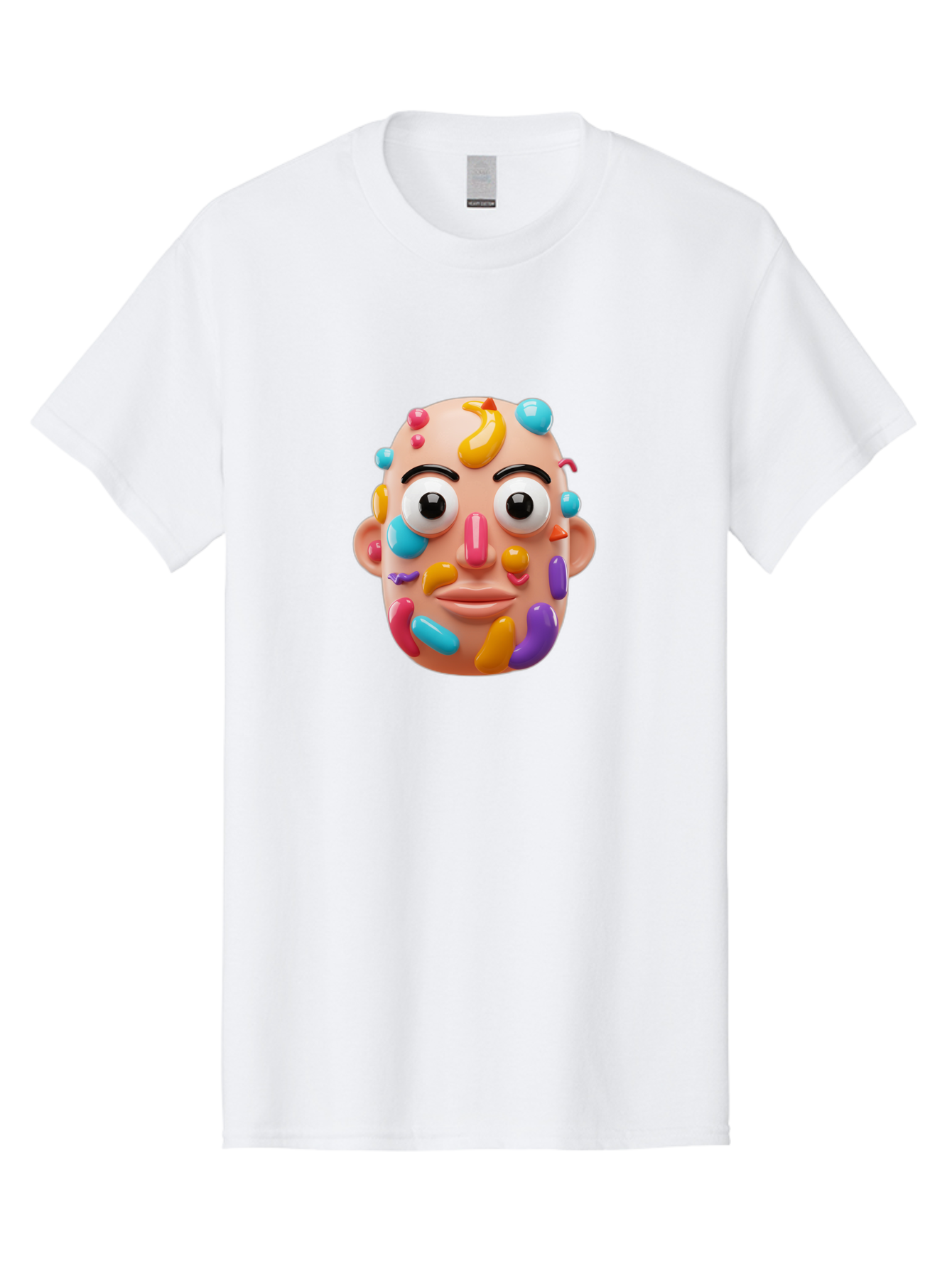 Face-With-Jelly-Beans Men'S Graphic Tee, 100% Cotton, Comfortable Casual Summer Wear, Machine Washable, Cartoon Head, Colorful Face, 3D Rendering, Vibrant Colors, Playful Design, Exaggerated Features, Creative Art, Digital Illustration, Bae445