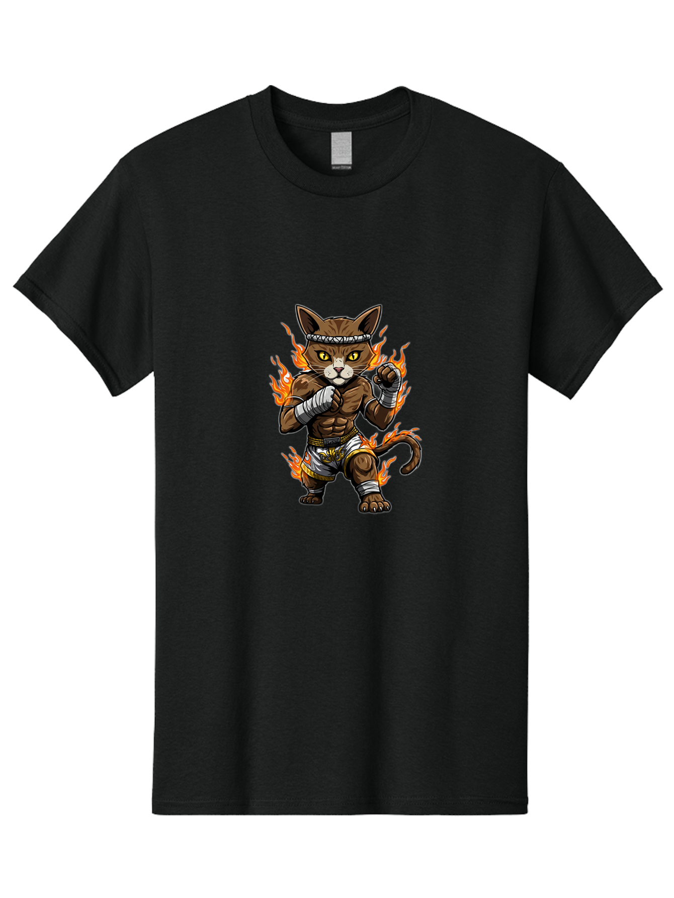 Fighter-Cat Men'S Graphic Tee, 100% Cotton, Comfortable Casual Summer Wear, Machine Washable, Cartoon Cat, Muay Thai Fighter, Martial Arts, Combat Sports, Fighting Stance, Boxing Gloves, Flames, Aggressive Posture, Anthropomorphic Cat, Bae446