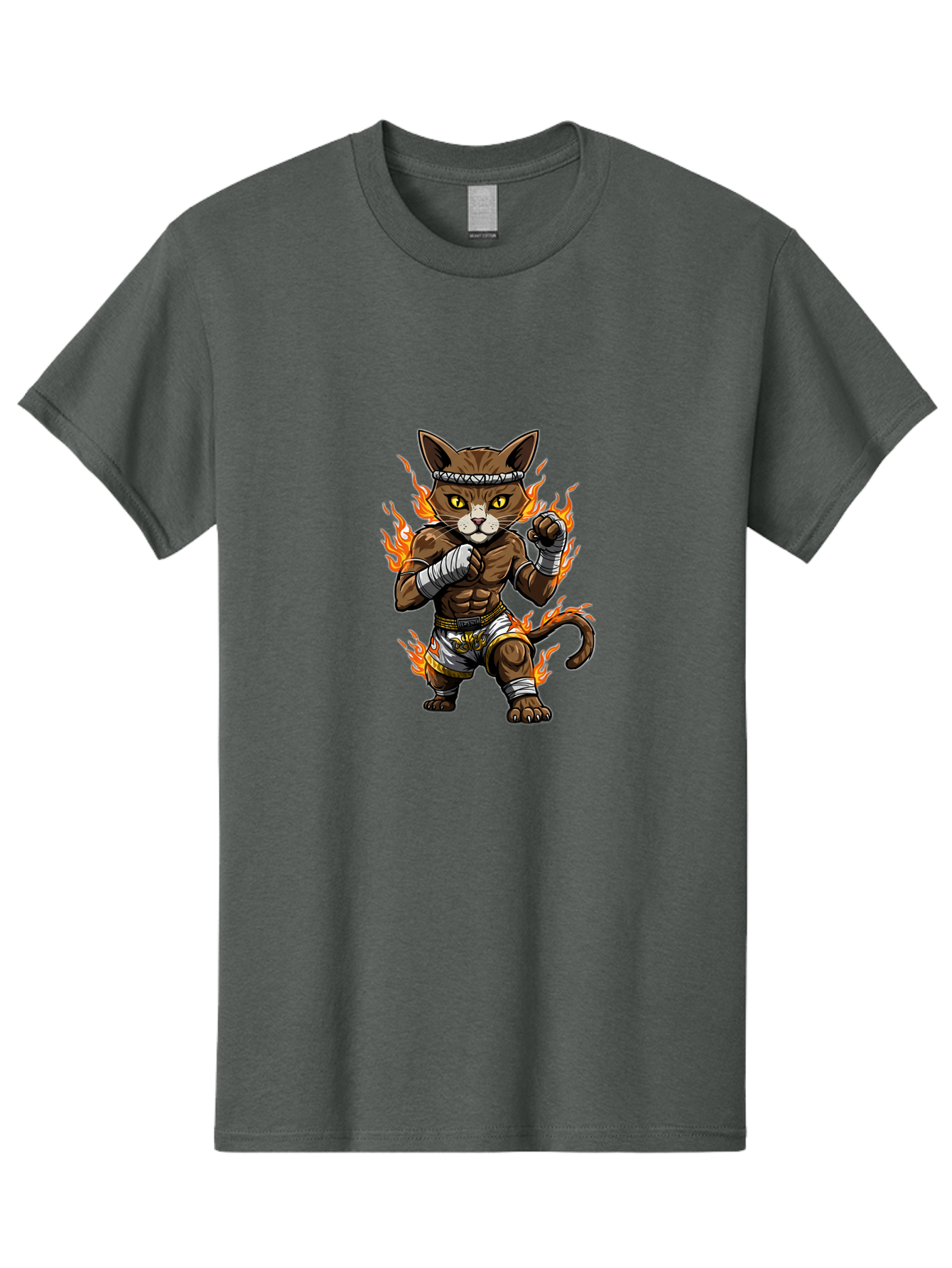 Fighter-Cat Men'S Graphic Tee, 100% Cotton, Comfortable Casual Summer Wear, Machine Washable, Cartoon Cat, Muay Thai Fighter, Martial Arts, Combat Sports, Fighting Stance, Boxing Gloves, Flames, Aggressive Posture, Anthropomorphic Cat, Bae446